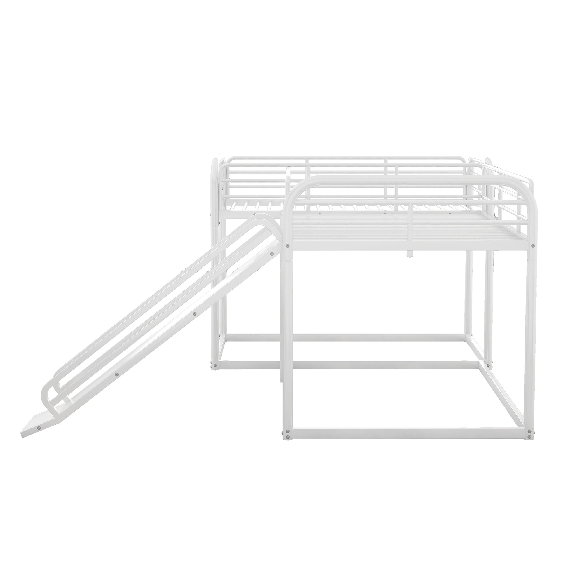 Full And Twin Size L Shaped Bunk Bed With Slide And Short Ladder, White Black Metal