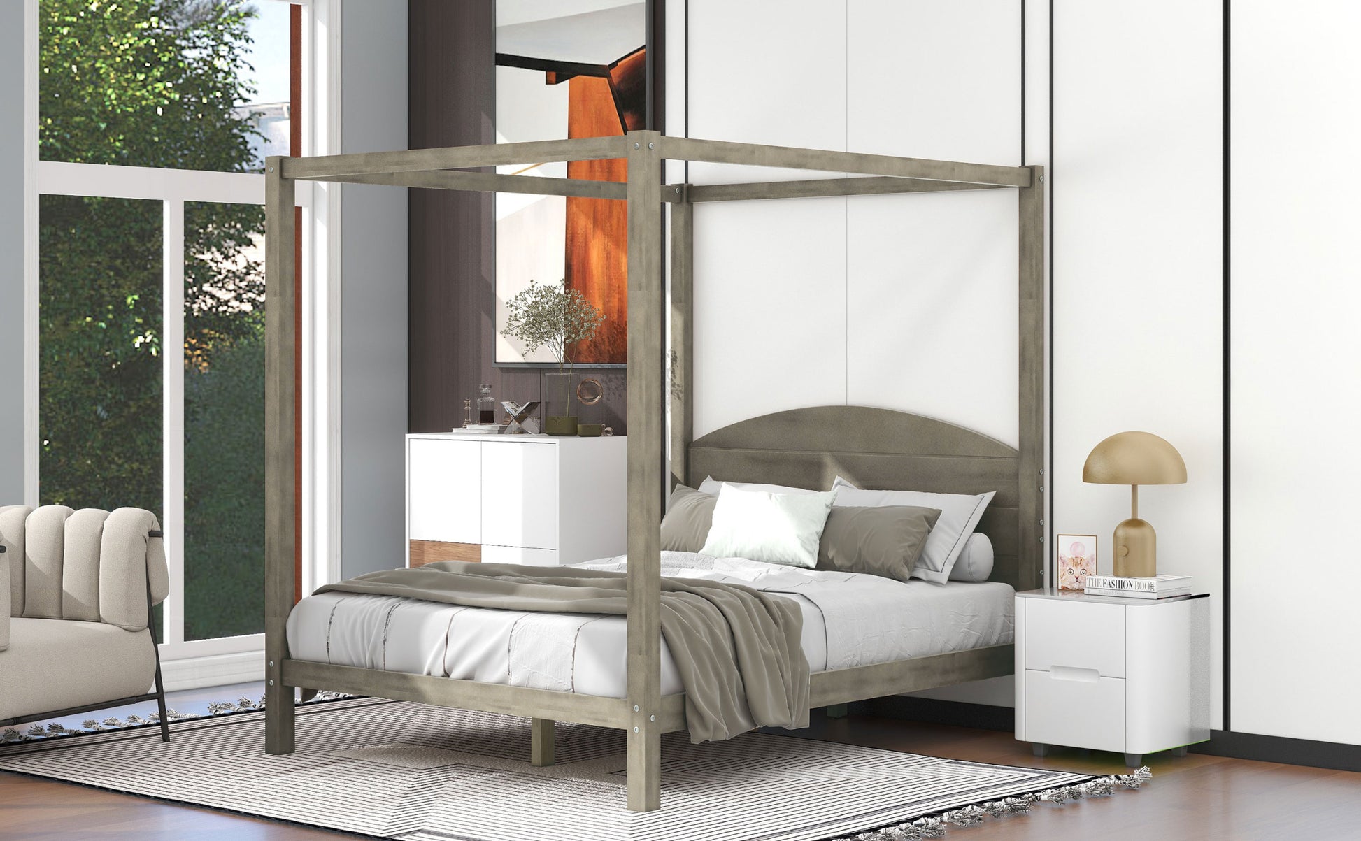 Queen Size Canopy Platform Bed With Headboard And Support Legs,Brown Wash Brown Pine