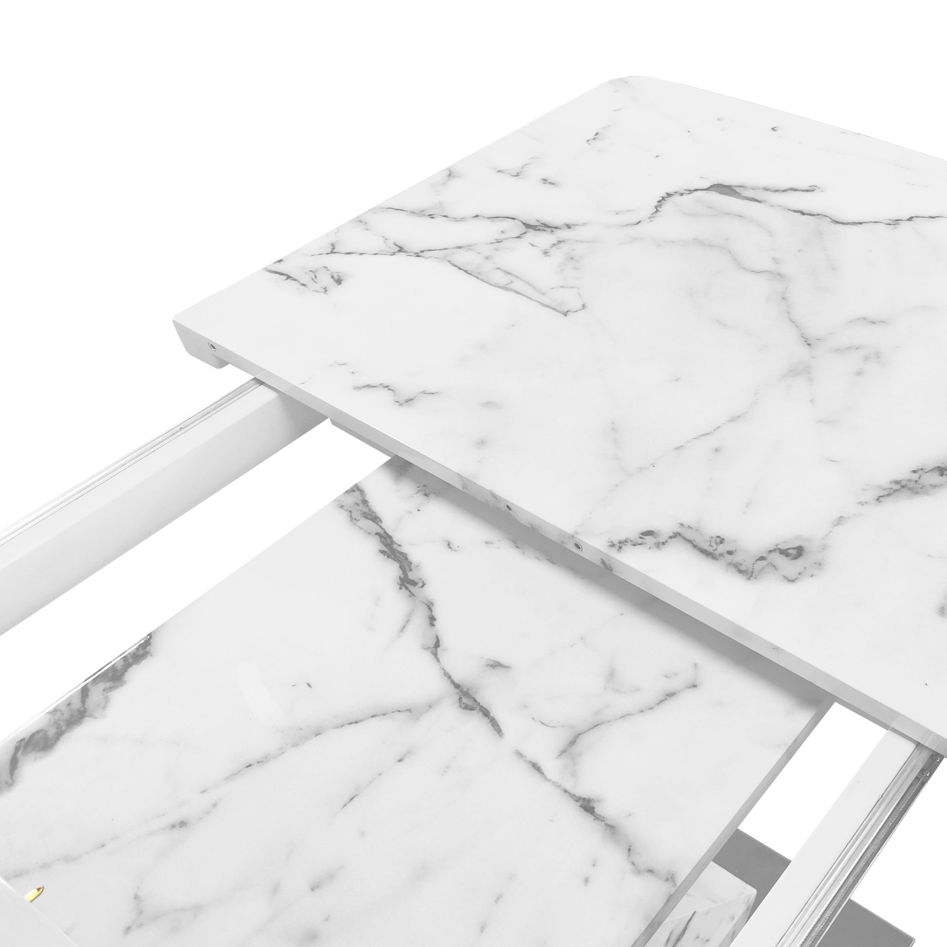 Modern Square Dining Table, Stretchable, With Printed White Marble Table Top Mdf X Shape Table Leg With Metal Base White Mdf Steel