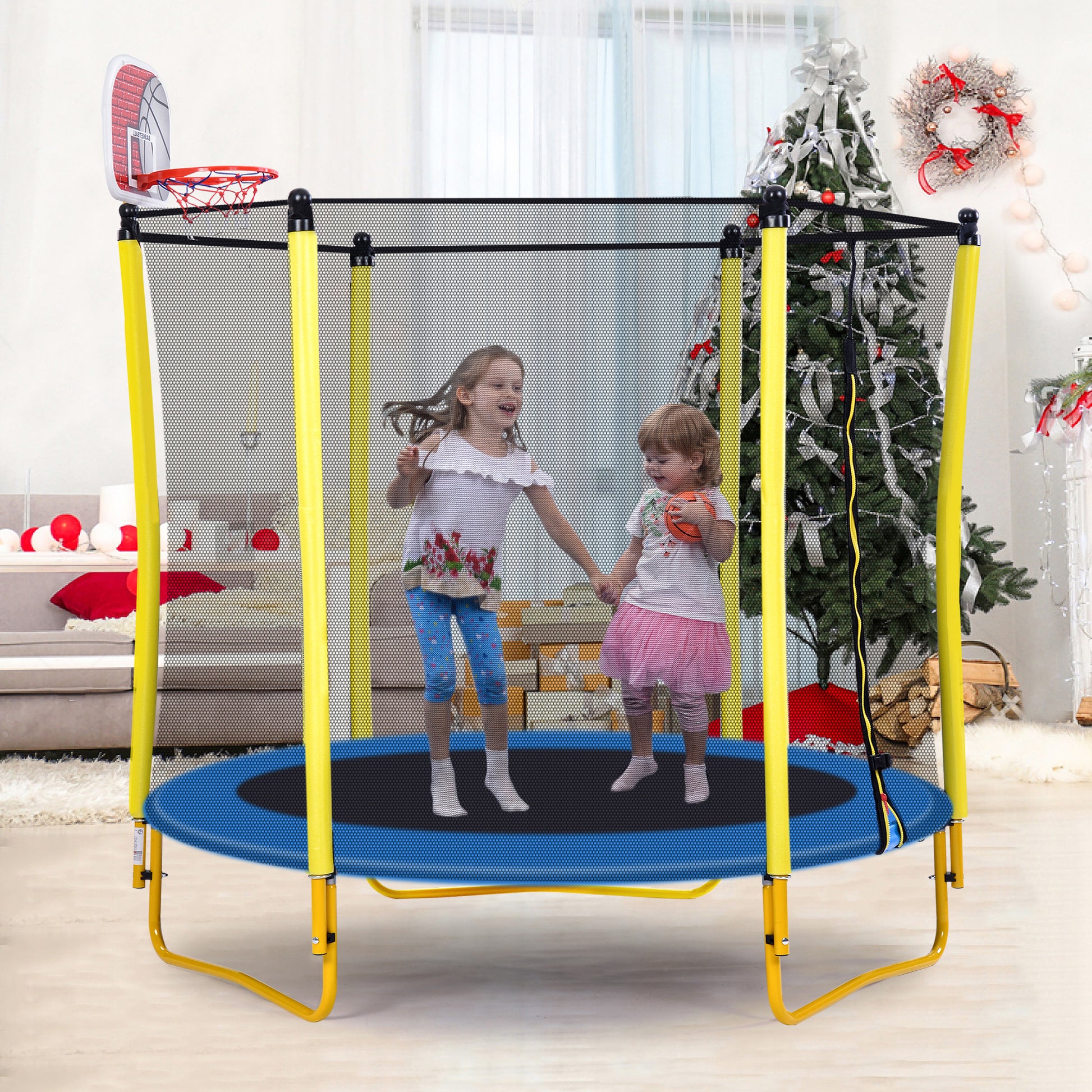 5.5Ft Trampoline For Kids 65" Outdoor & Indoor Mini Toddler Trampoline With Enclosure, Basketball Hoop And Ball Included Yellow Metal