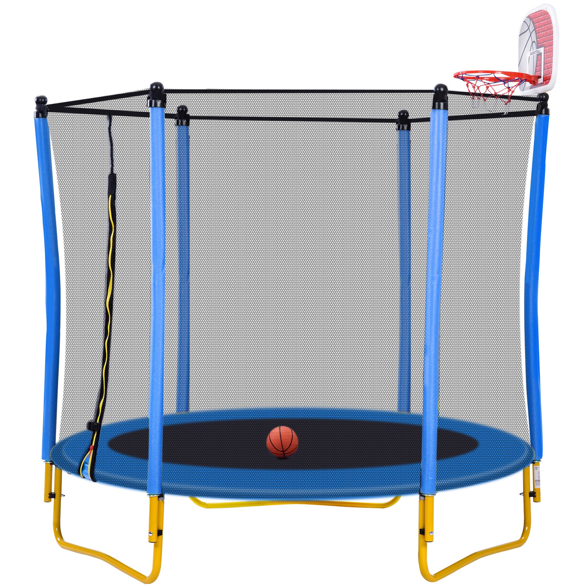 5.5Ft Trampoline For Kids 65" Outdoor & Indoor Mini Toddler Trampoline With Enclosure, Basketball Hoop And Ball Included Blue Metal