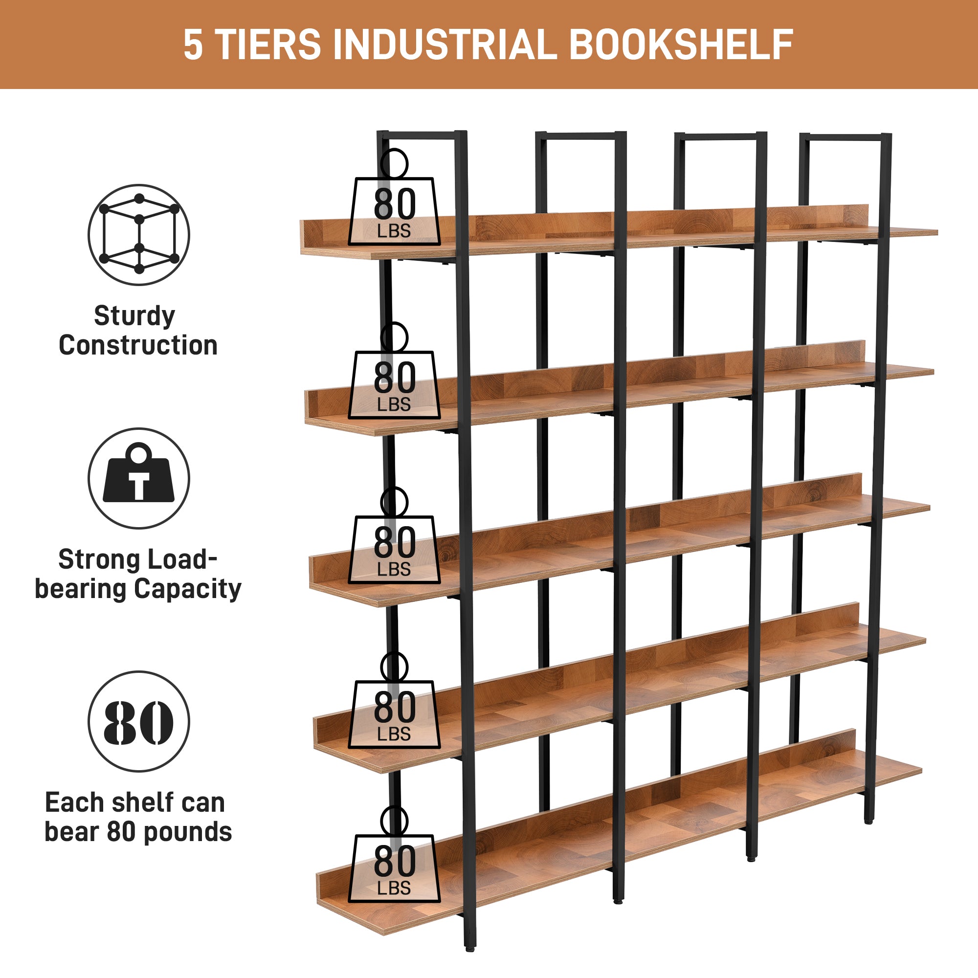 5 Tier Bookcase Home Office Open Bookshelf, Vintage Industrial Style S