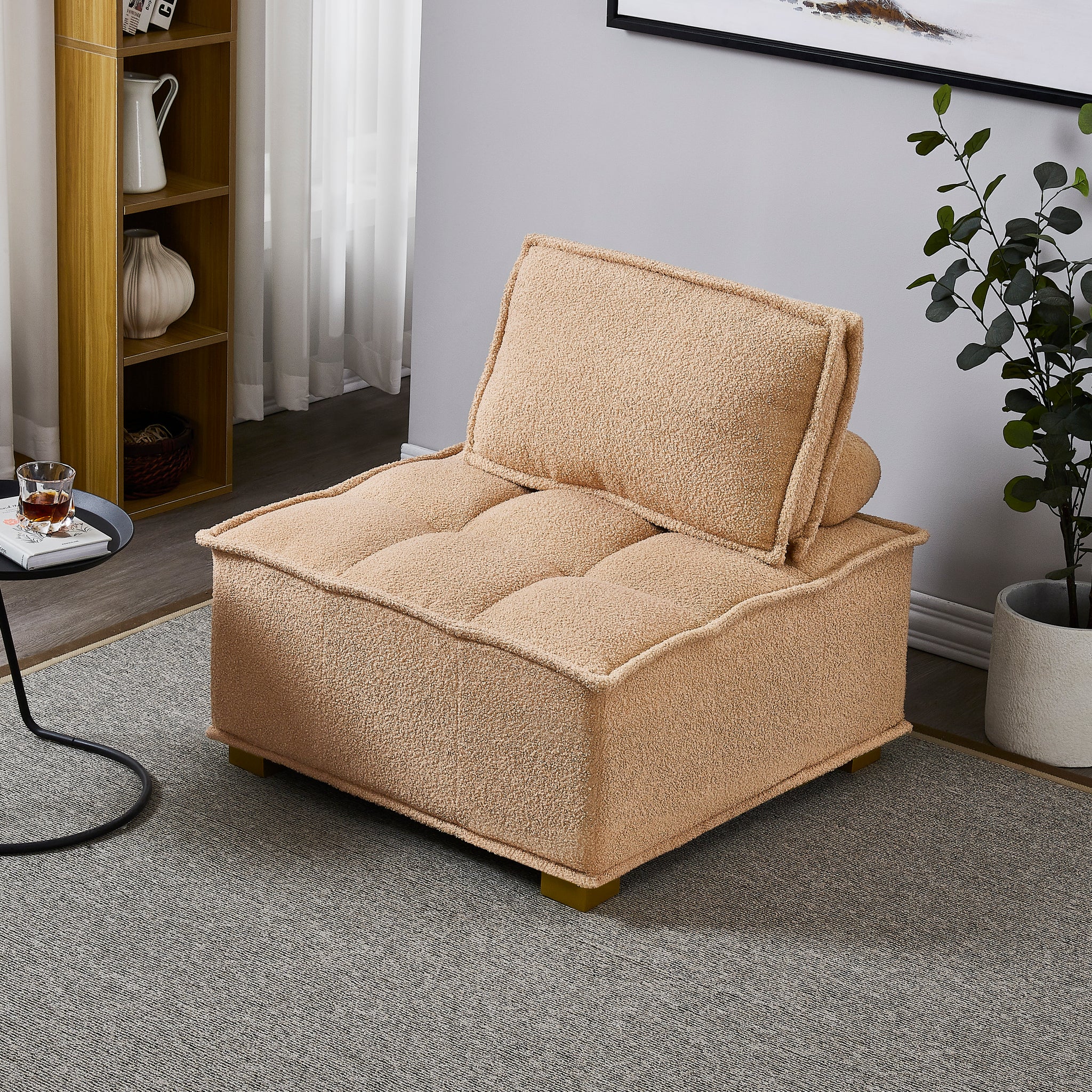 Lazy sofa ottoman with gold wooden legs teddy fabric khaki-foam-fabric