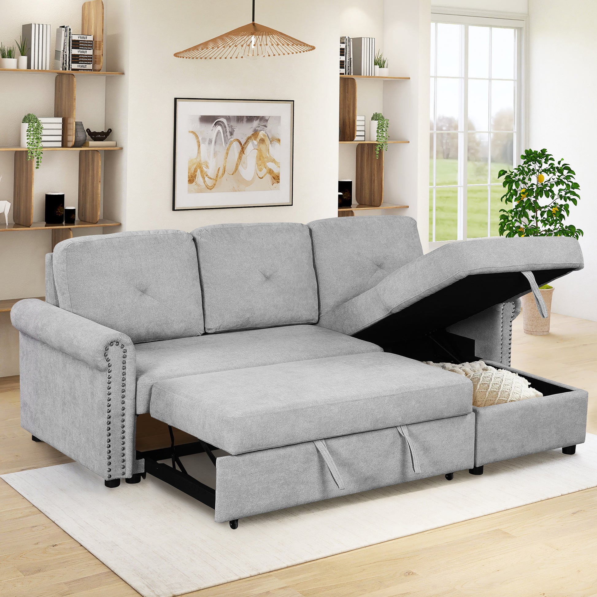 83" Modern Convertible Sleeper Sofa Bed With Storage Chaise,Gray Old Sku:Sg000346Aaa Gray Foam Velvet