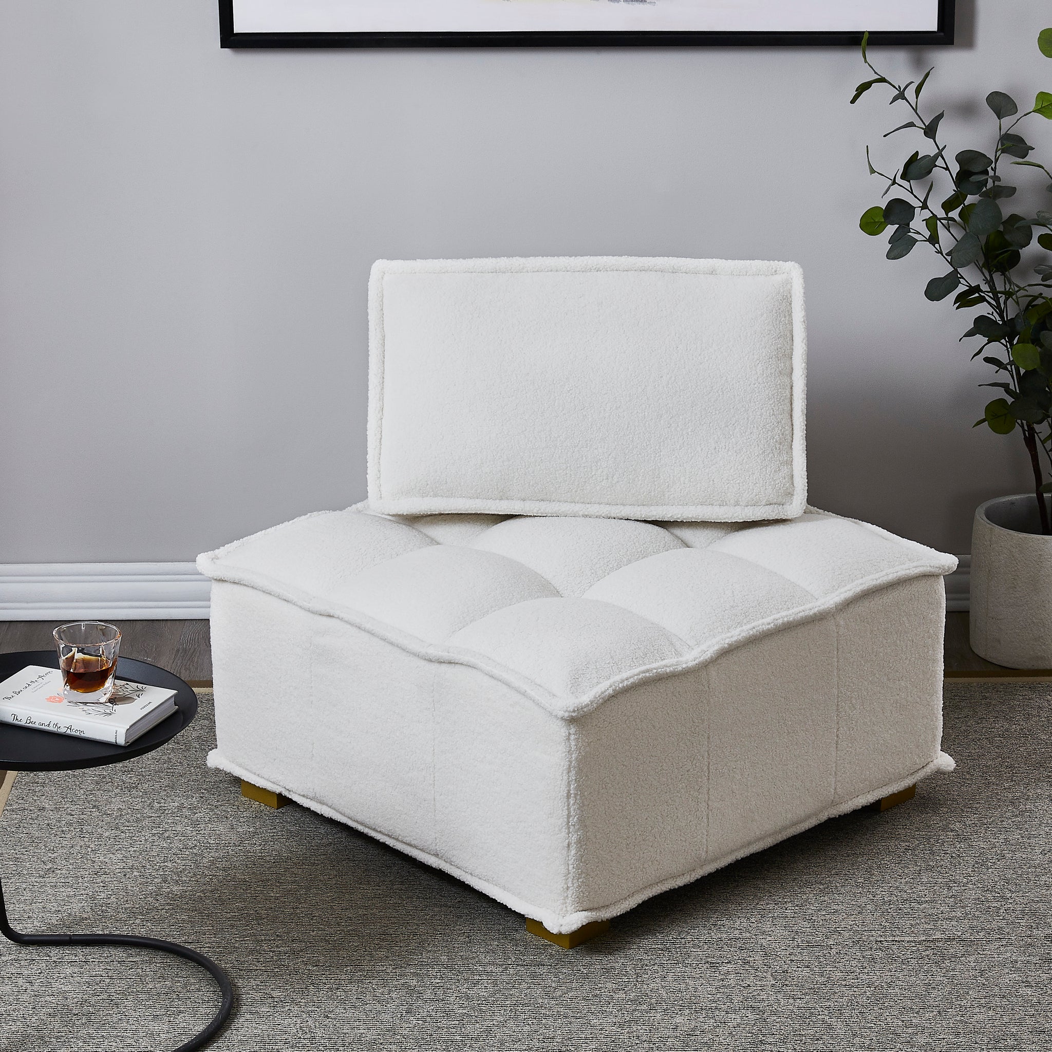 Lazy sofa ottoman with gold wooden legs teddy fabric white-foam-fabric