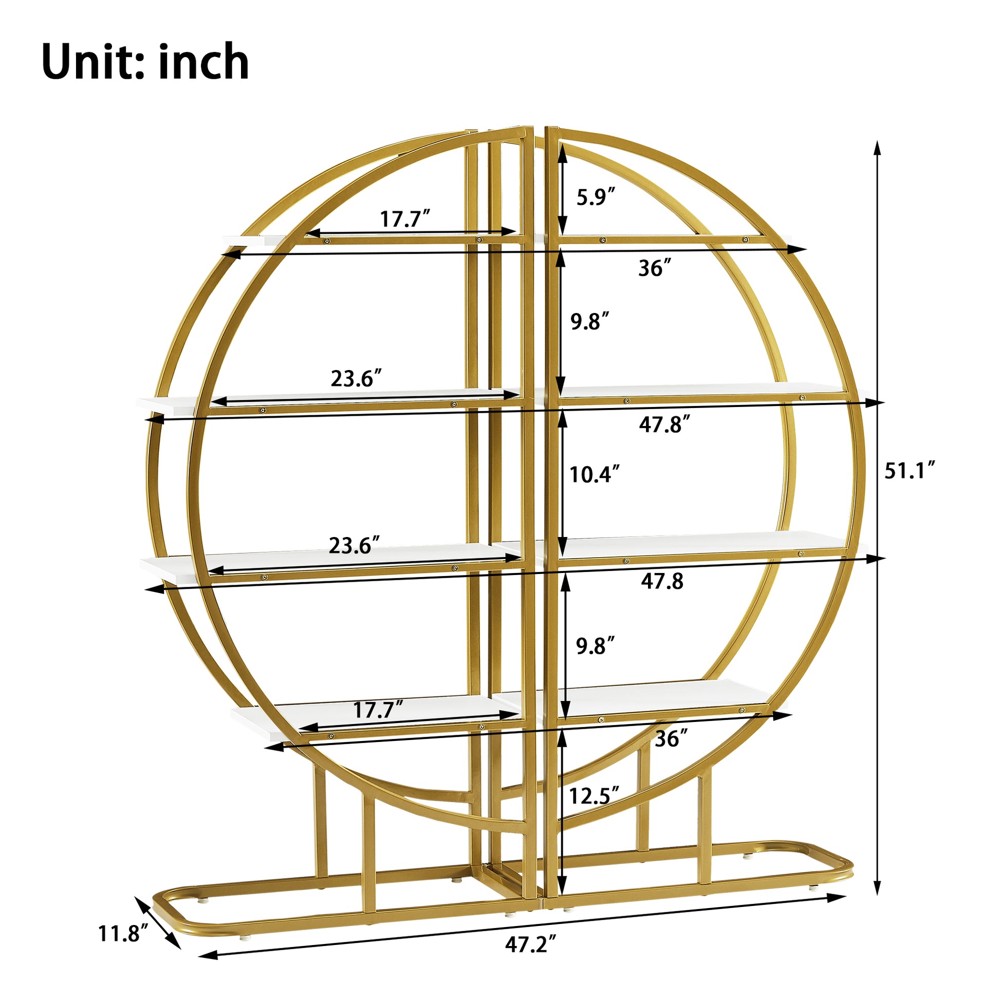 4 Tiers Home Office Open Bookshelf, Round Shape, Different Placement Ways, Mdf Board, Gold Metal Frame, White Golden White Mdf Steel