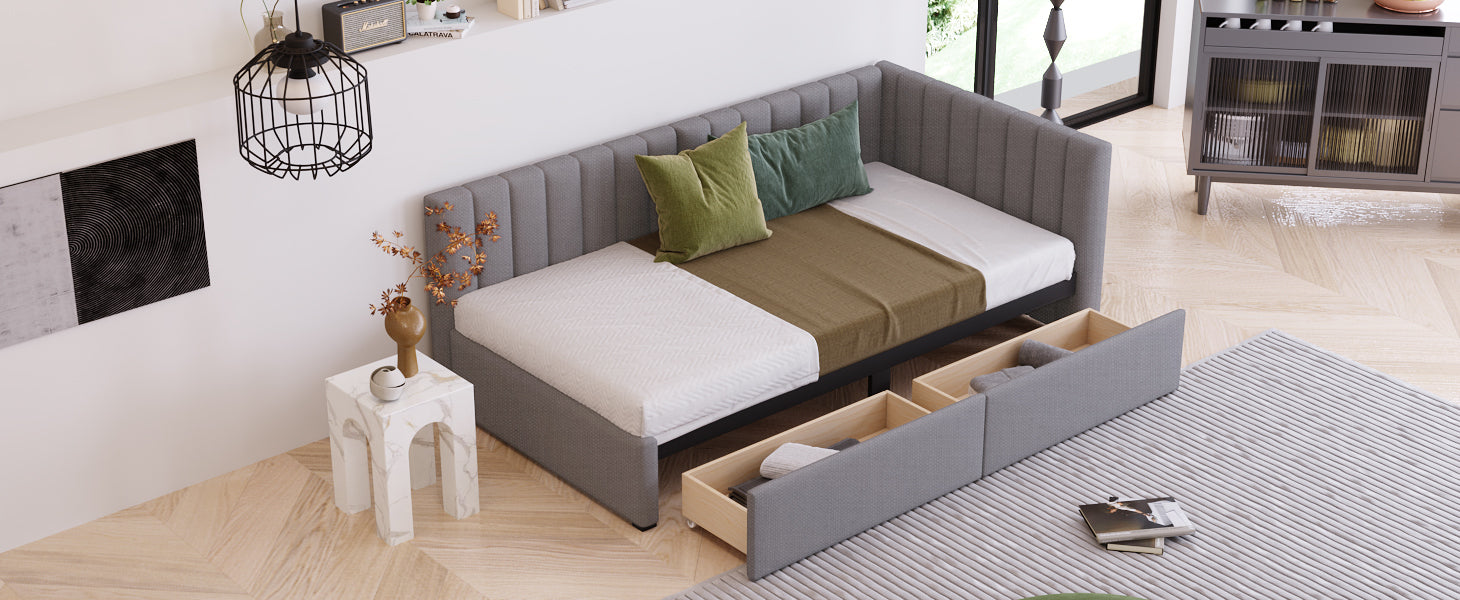Upholstered Daybed with 2 Storage Drawers Twin Size gray-upholstered