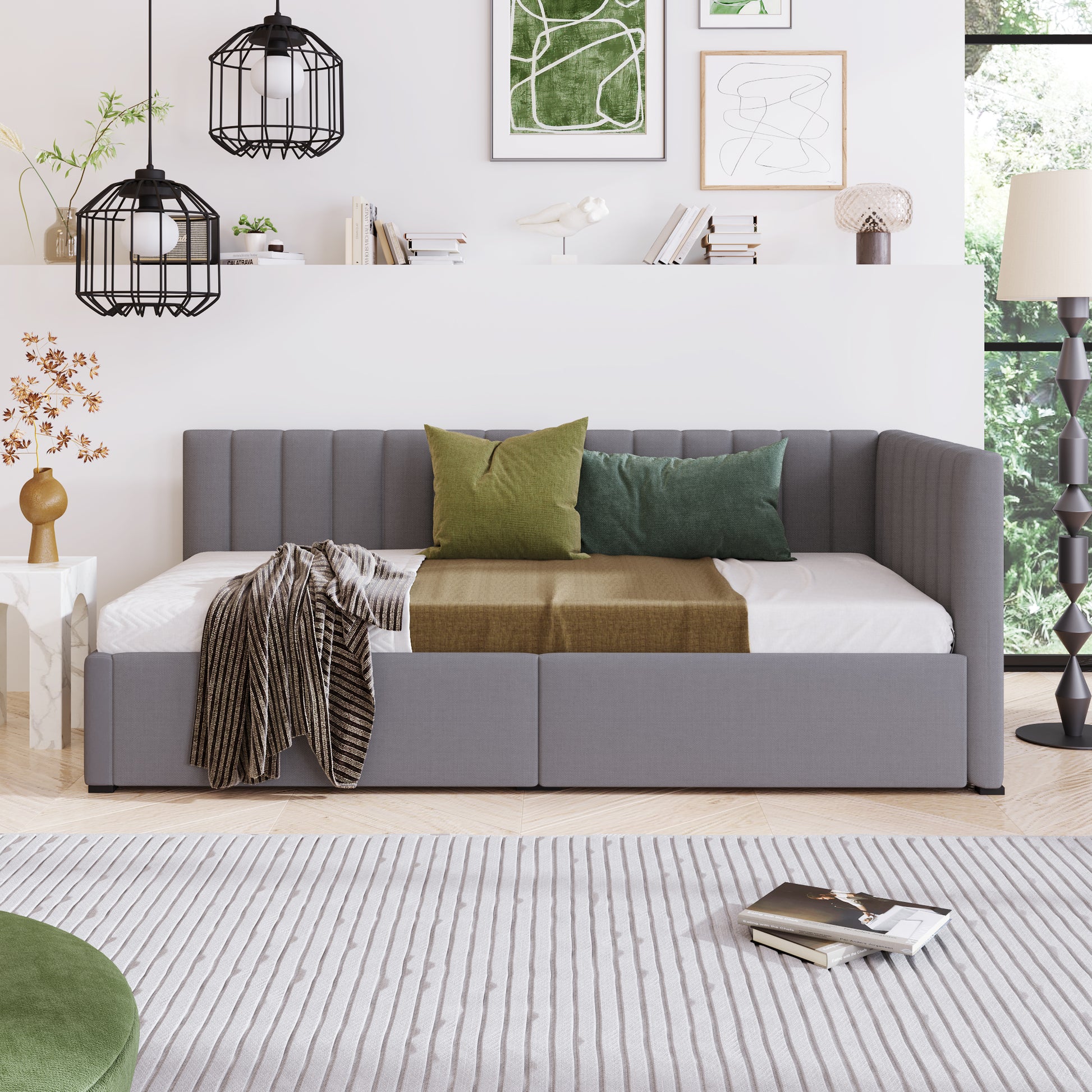 Upholstered Daybed With 2 Storage Drawers Twin Size Sofa Bed Frame No Box Spring Needed, Linen Fabric Gray Twin Gray Upholstered