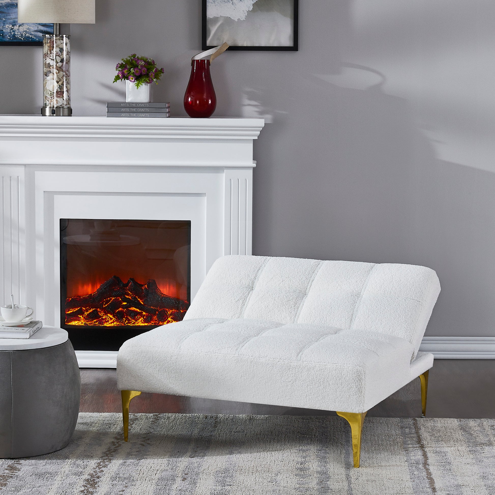 Convertible Sofa Bed Futon With Gold Metal Legs Teddy Fabric White White Teddy Foam Fabric