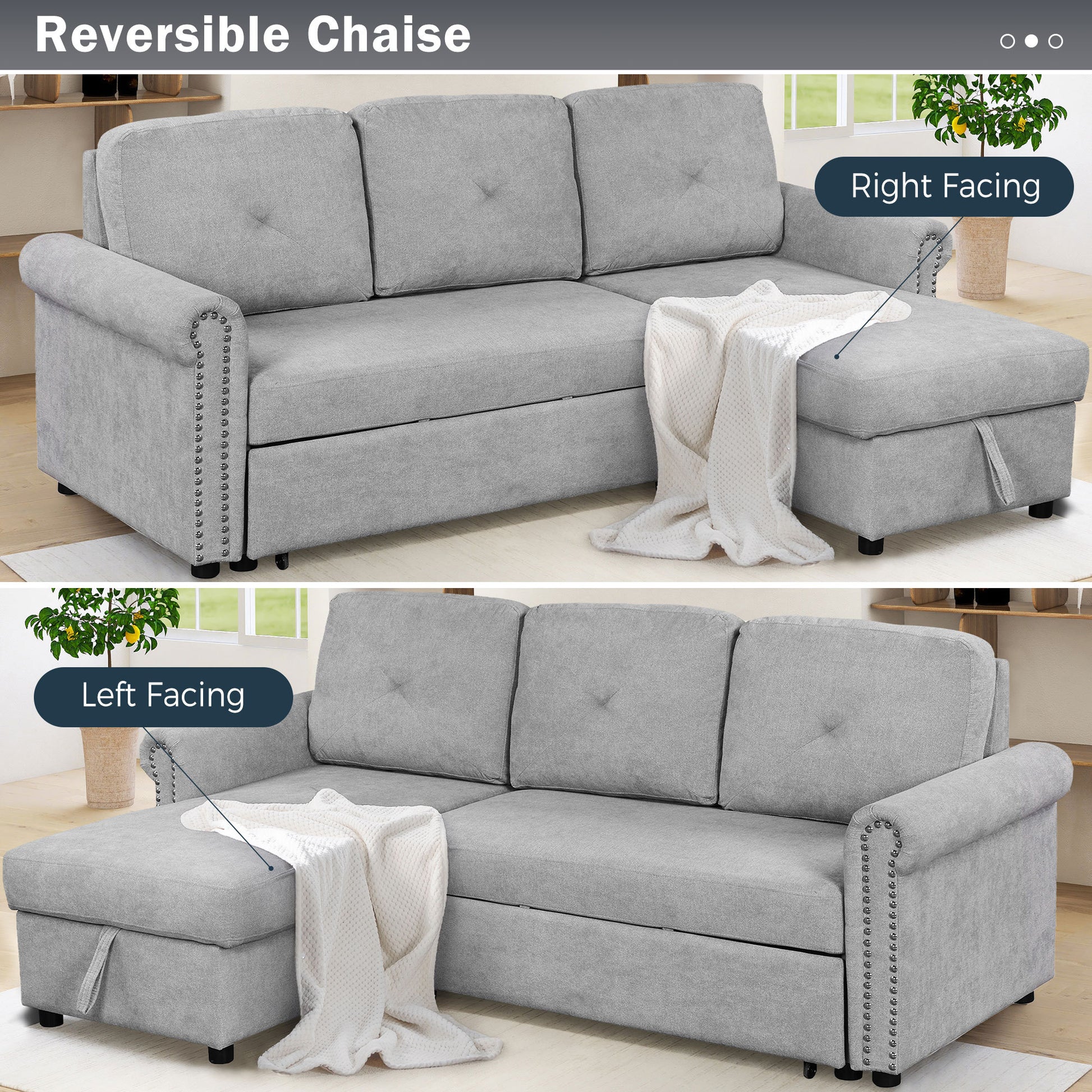 83" Modern Convertible Sleeper Sofa Bed With Storage Chaise,Gray Old Sku:Sg000346Aaa Gray Foam Velvet