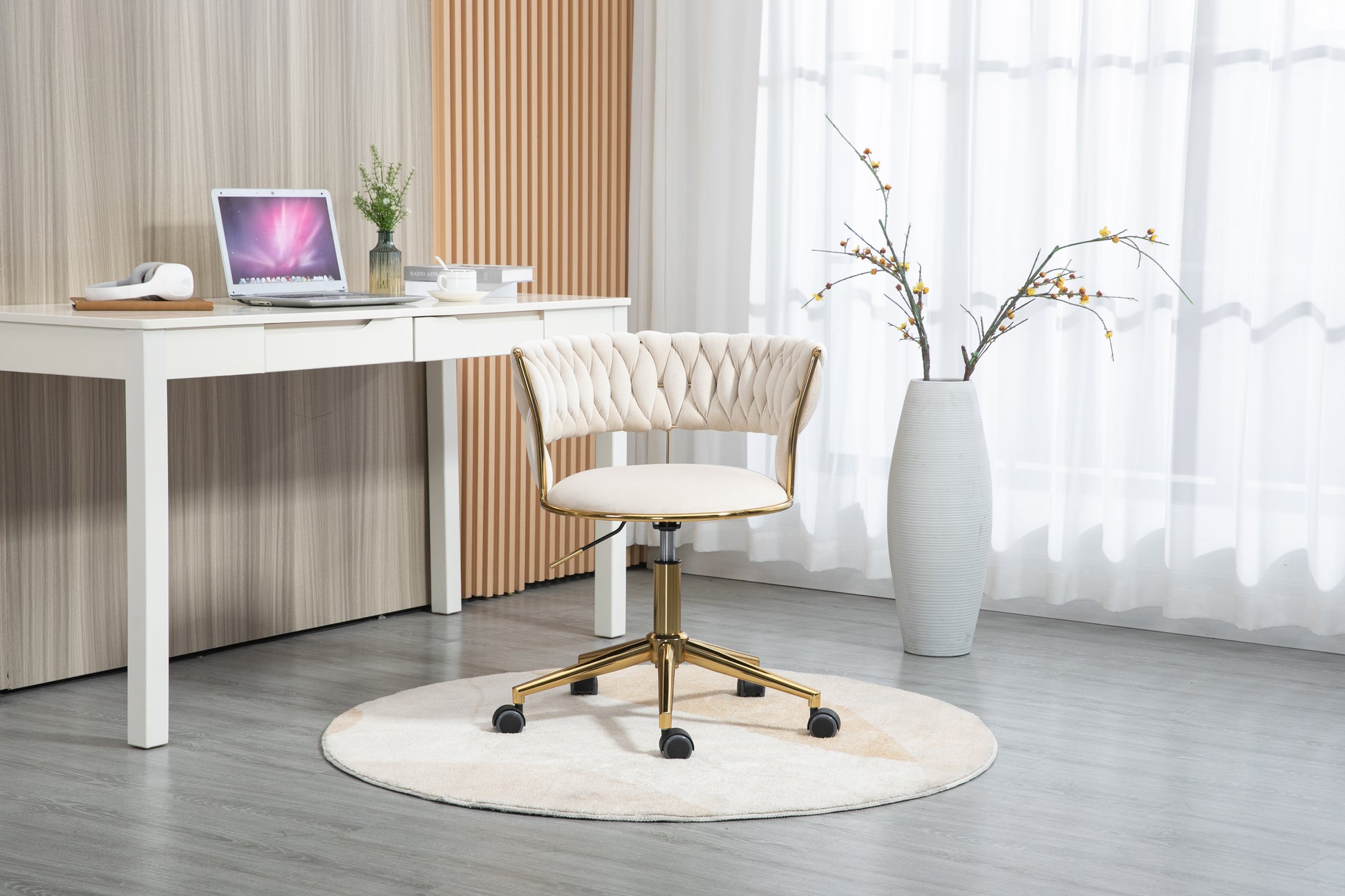 Coolmore Home Office Desk Chair, Vanity Chair, Modern Adjustable Home Computer Executive Chair Swivel Task Chair For Small Space, Living Room, Make Up, Studying Ivory Polyester