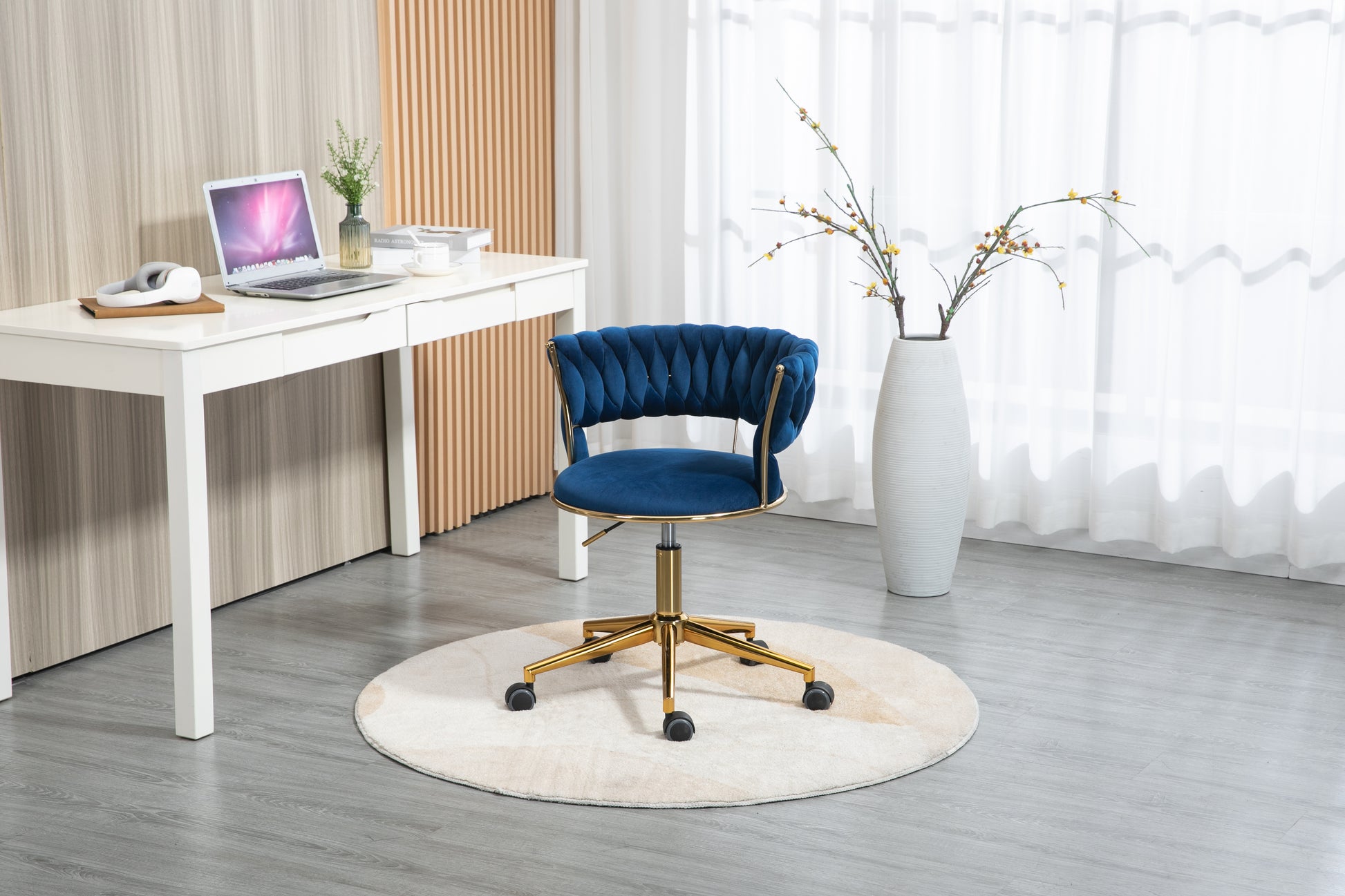 Coolmore Home Office Desk Chair, Vanity Chair, Modern Adjustable Home Computer Executive Chair Swivel Task Chair For Small Space, Living Room, Make Up, Studying Navy Polyester