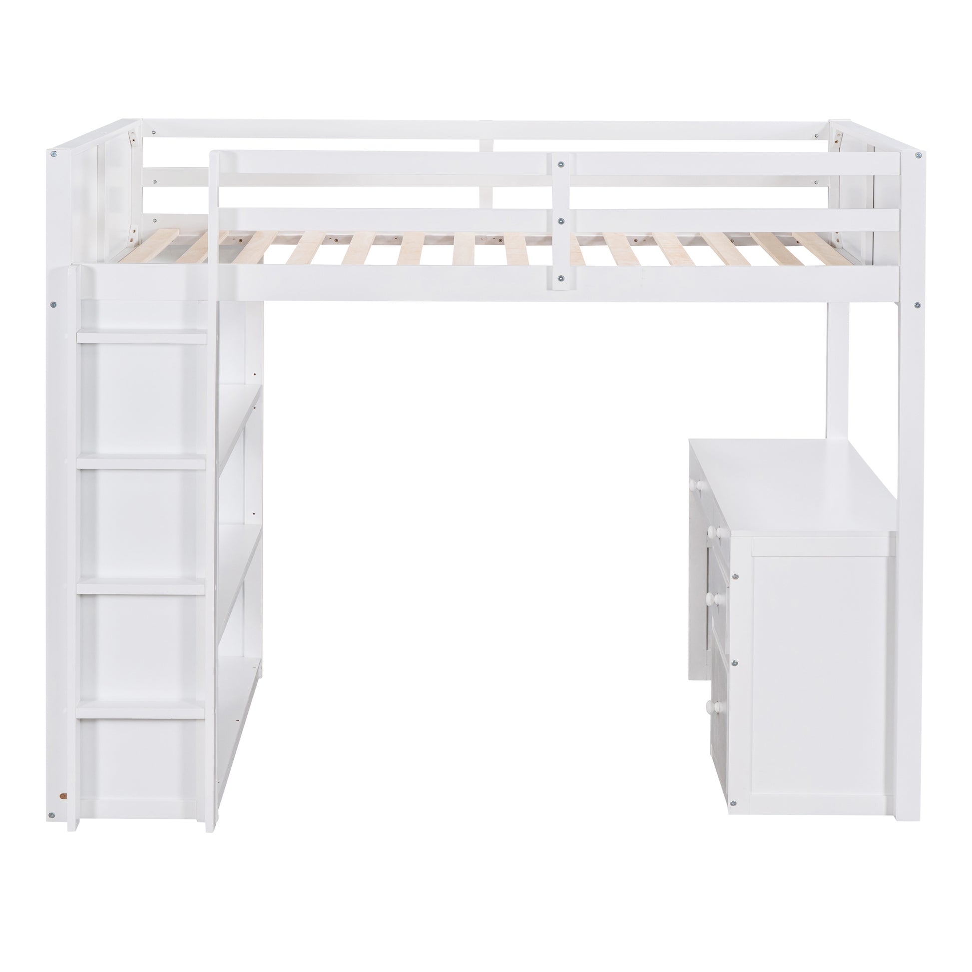 Twin Size Loft Bed With Ladder, Shelves, And Desk, White Gray Solid Wood Mdf