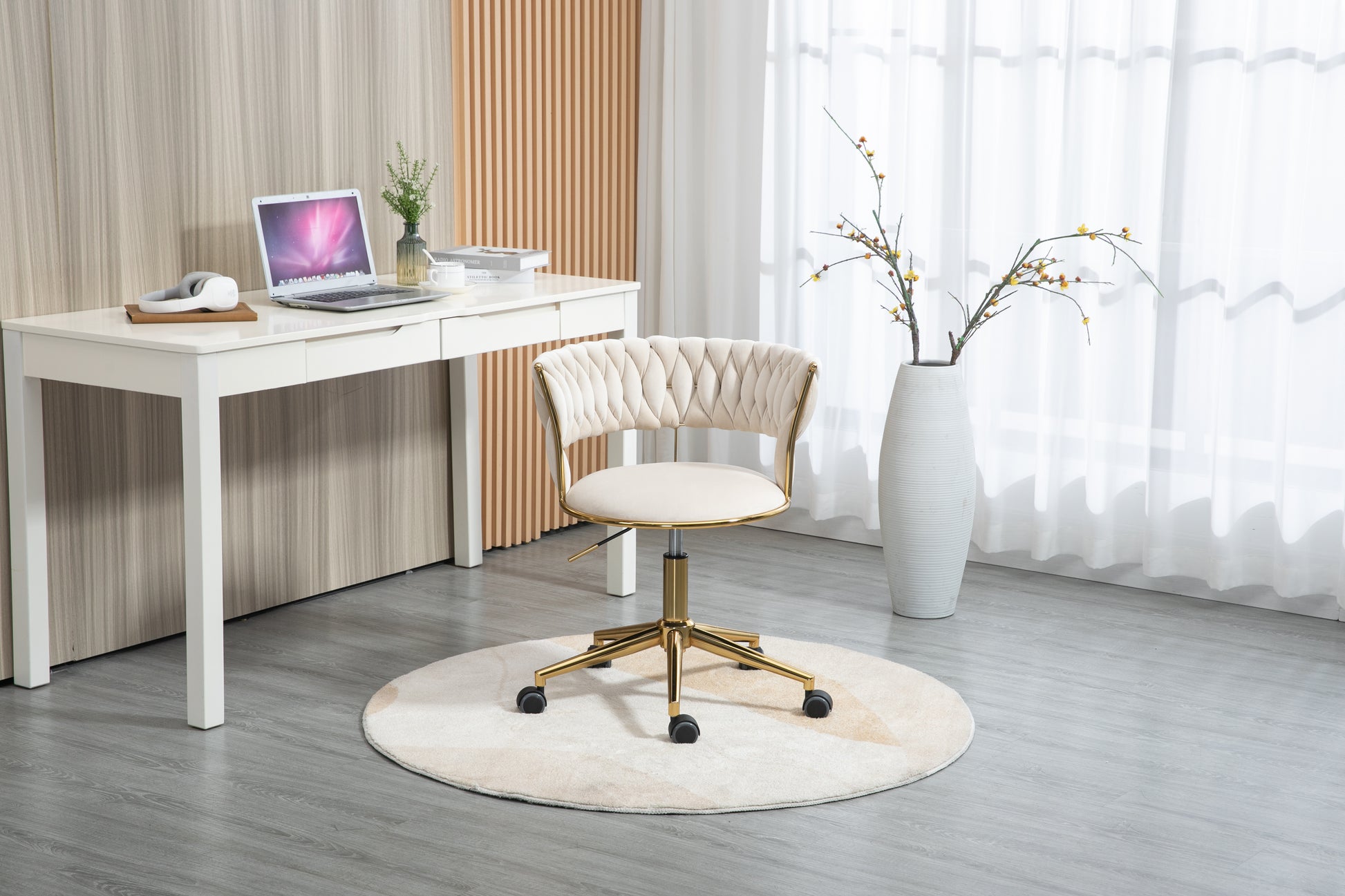 Coolmore Home Office Desk Chair, Vanity Chair, Modern Adjustable Home Computer Executive Chair Swivel Task Chair For Small Space, Living Room, Make Up, Studying Ivory Polyester