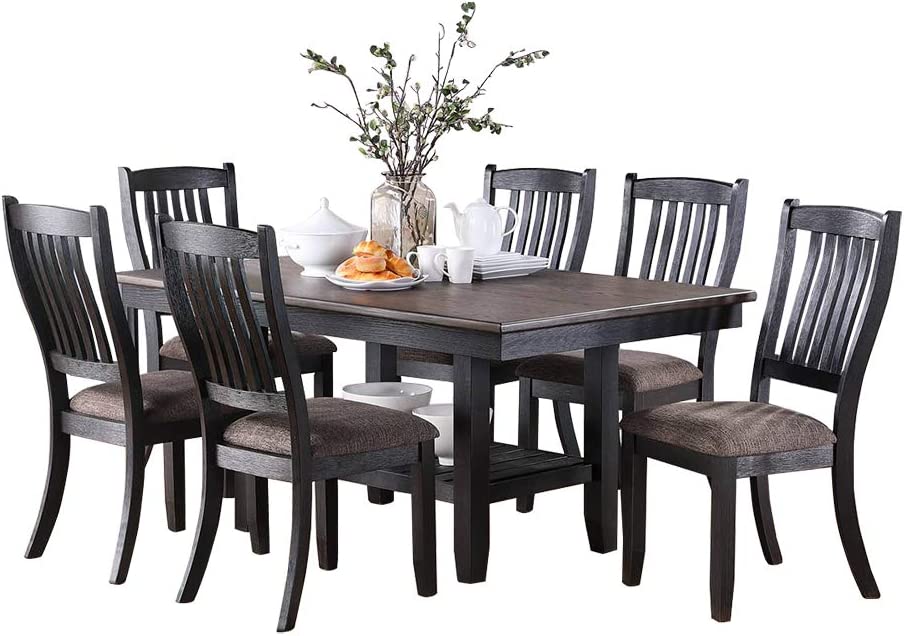 Transitional Dining Room 7Pc Set Dark Coffee Rubberwood Dining Table W Shelf And 6X Side Chairs Fabric Upholstered Seats Unique Back Chairs Gray Wood Dining Room Solid Wood Rubberwood Rectangular