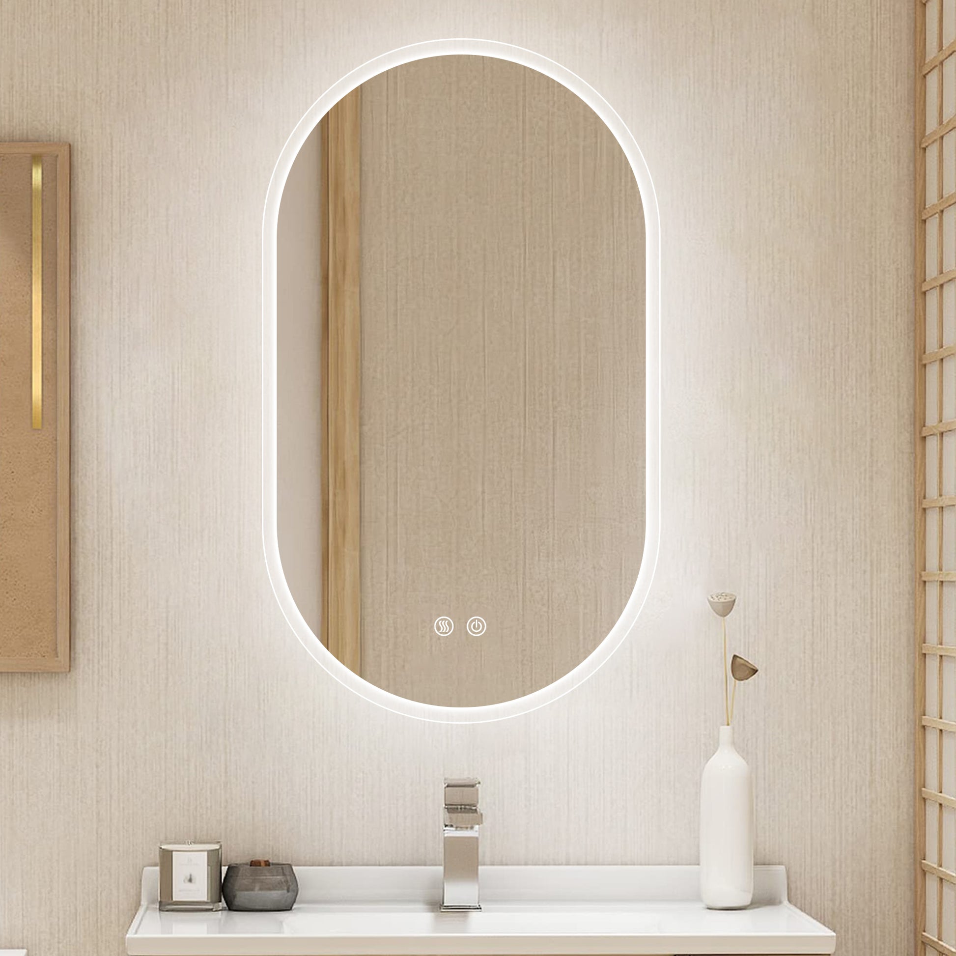 36X24 Inch Bathroom Mirror With Lights, Anti Fog Dimmable Led Mirror For Wall Touch Control, Frameless Oval Smart Vanity Mirror Vertical Hanging Natural Modern Glass