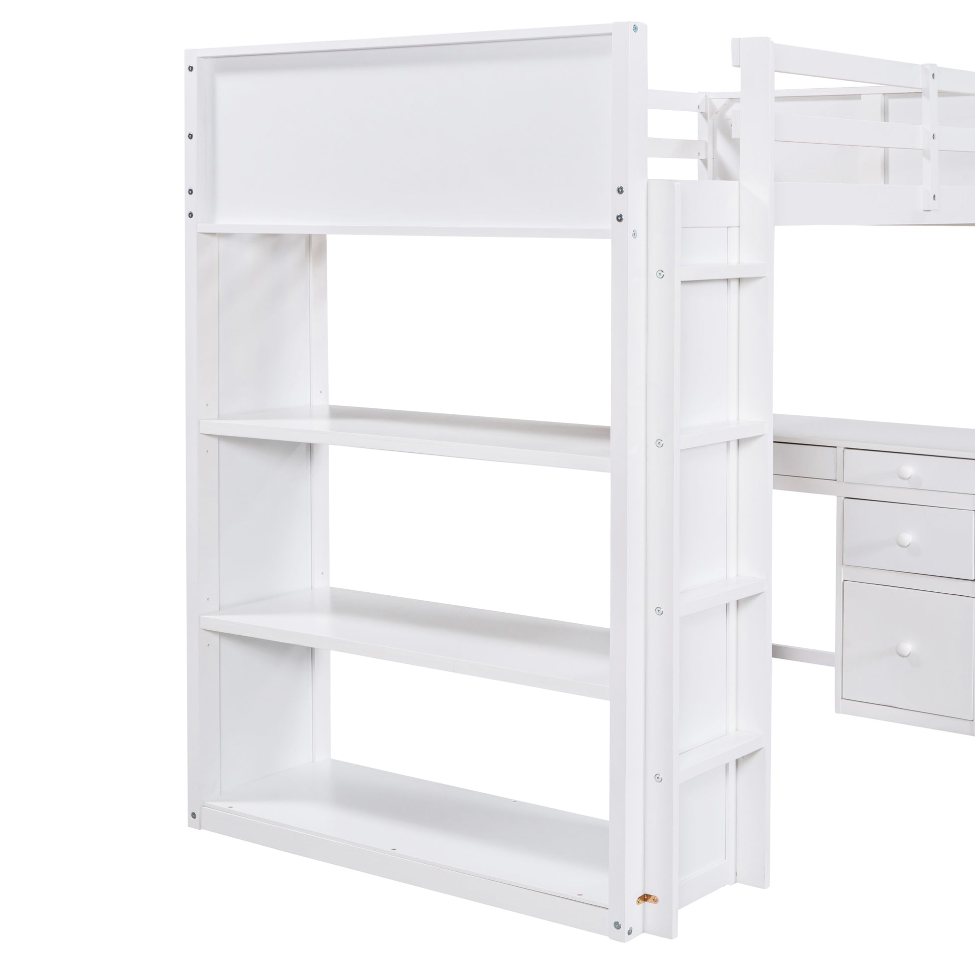 Twin Size Loft Bed With Ladder, Shelves, And Desk, White Gray Solid Wood Mdf