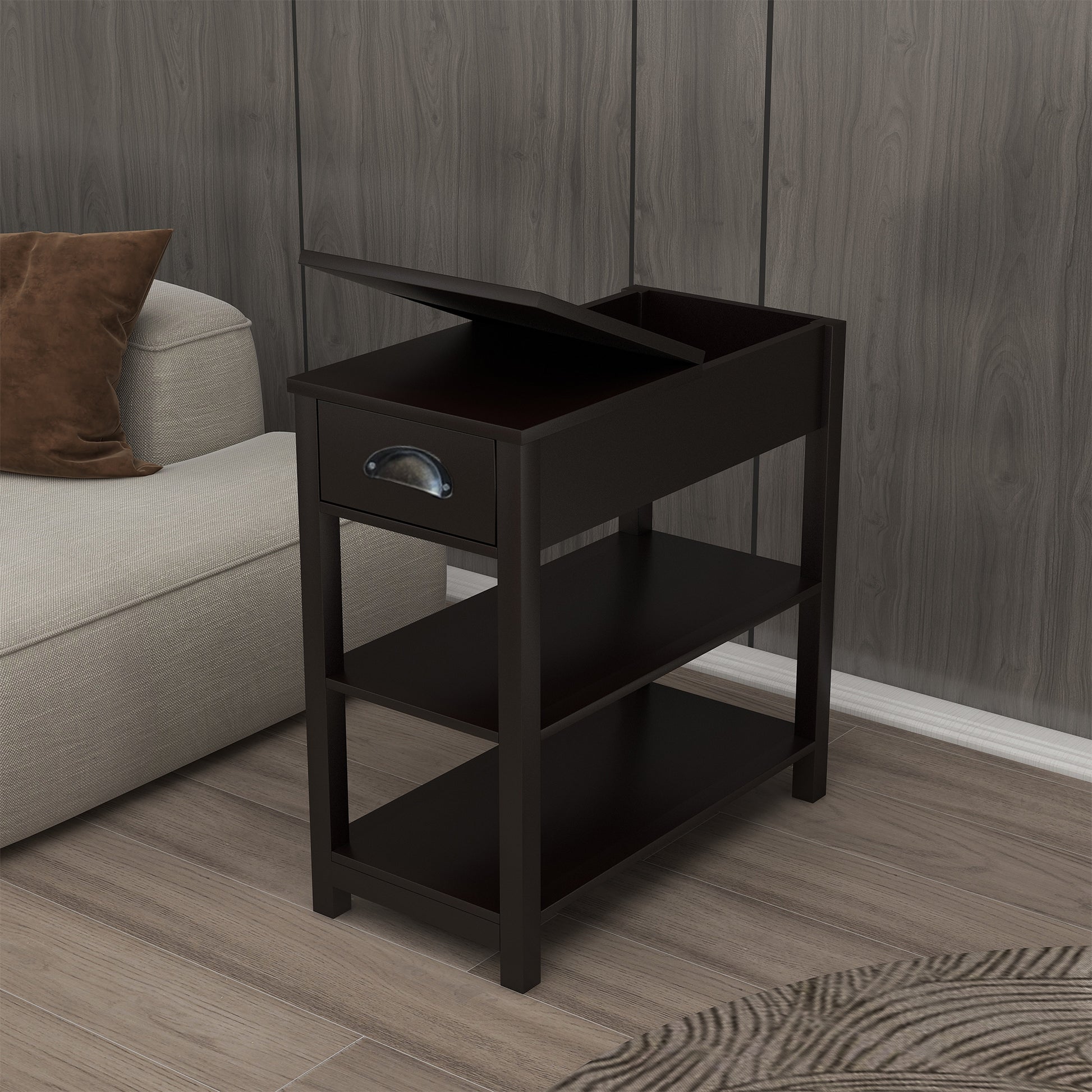 Narrow Sided Table With Drawers And Bottom Partition In Flip Over Design Brown Brown Mdf