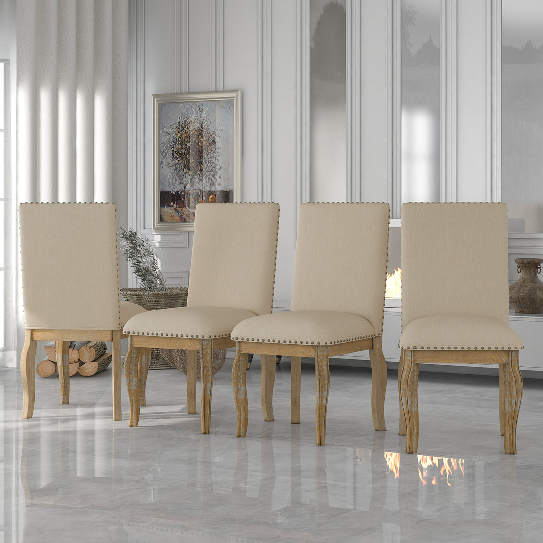 Set Of 4 Dining Chairs Wood Upholstered Fabirc Dining Room Chairs With Natural Wood Wash Natural Wood Wash Solid Wood