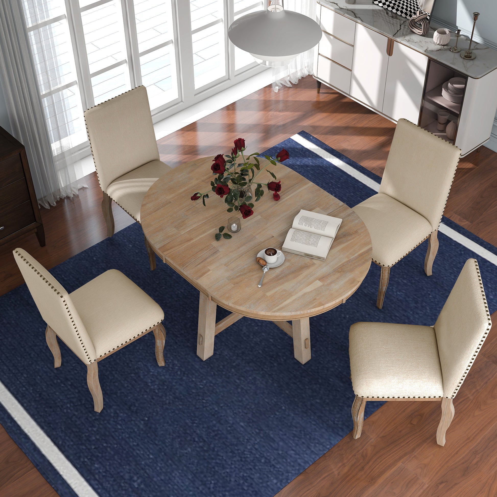 5 Piece Farmhouse Dining Table Set Wood Round Extendable Dining Table And 4 Upholstered Dining Chairs Natural Wood Wash Natural Wood Wash Solid Wood