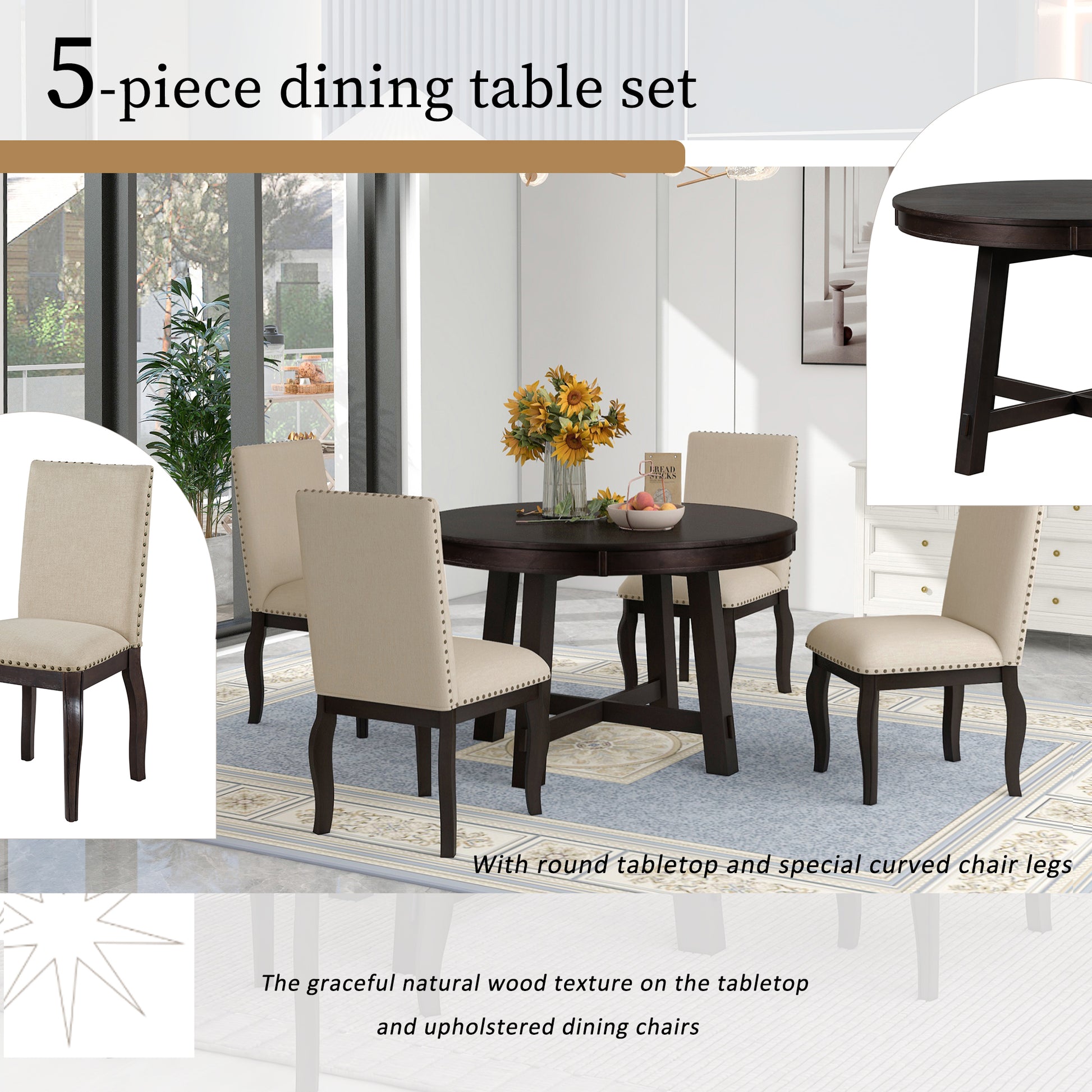 5 Piece Farmhouse Dining Table Set Wood Round Extendable Dining Table And 4 Upholstered Dining Chairs Espresso Espresso Solid Wood