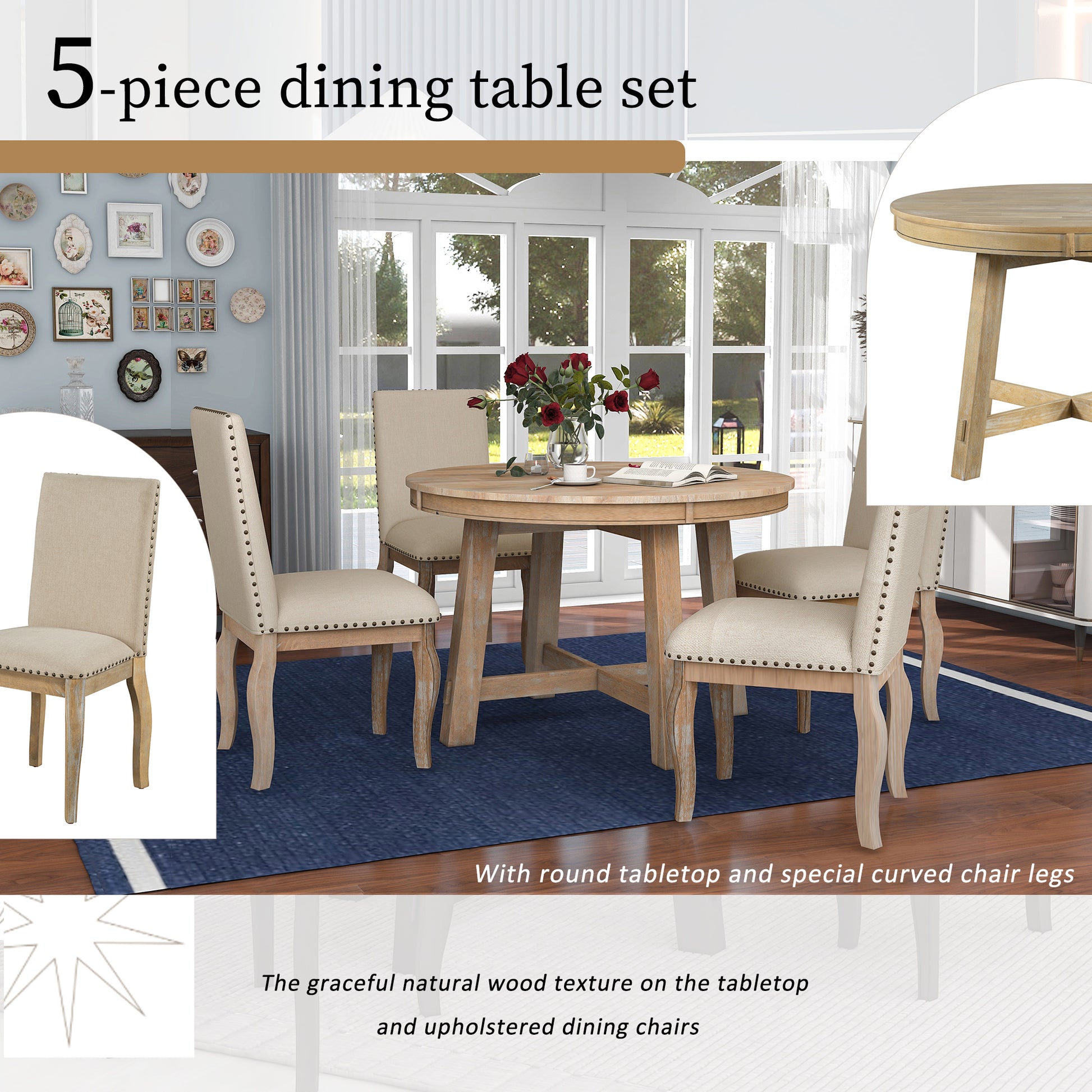 5 Piece Farmhouse Dining Table Set Wood Round Extendable Dining Table And 4 Upholstered Dining Chairs Natural Wood Wash Natural Wood Wash Solid Wood