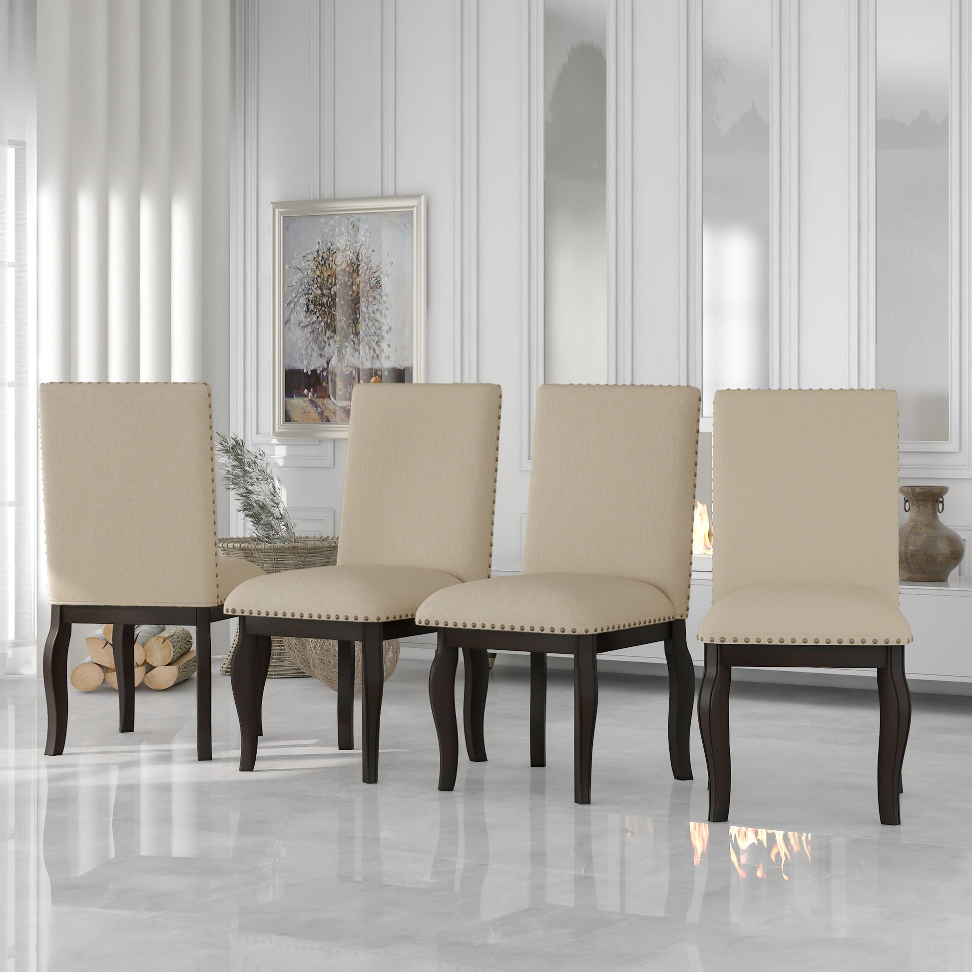 Set Of 4 Dining Chairs Wood Upholstered Fabirc Dining Room Chairs With Espresso Espresso Solid Wood