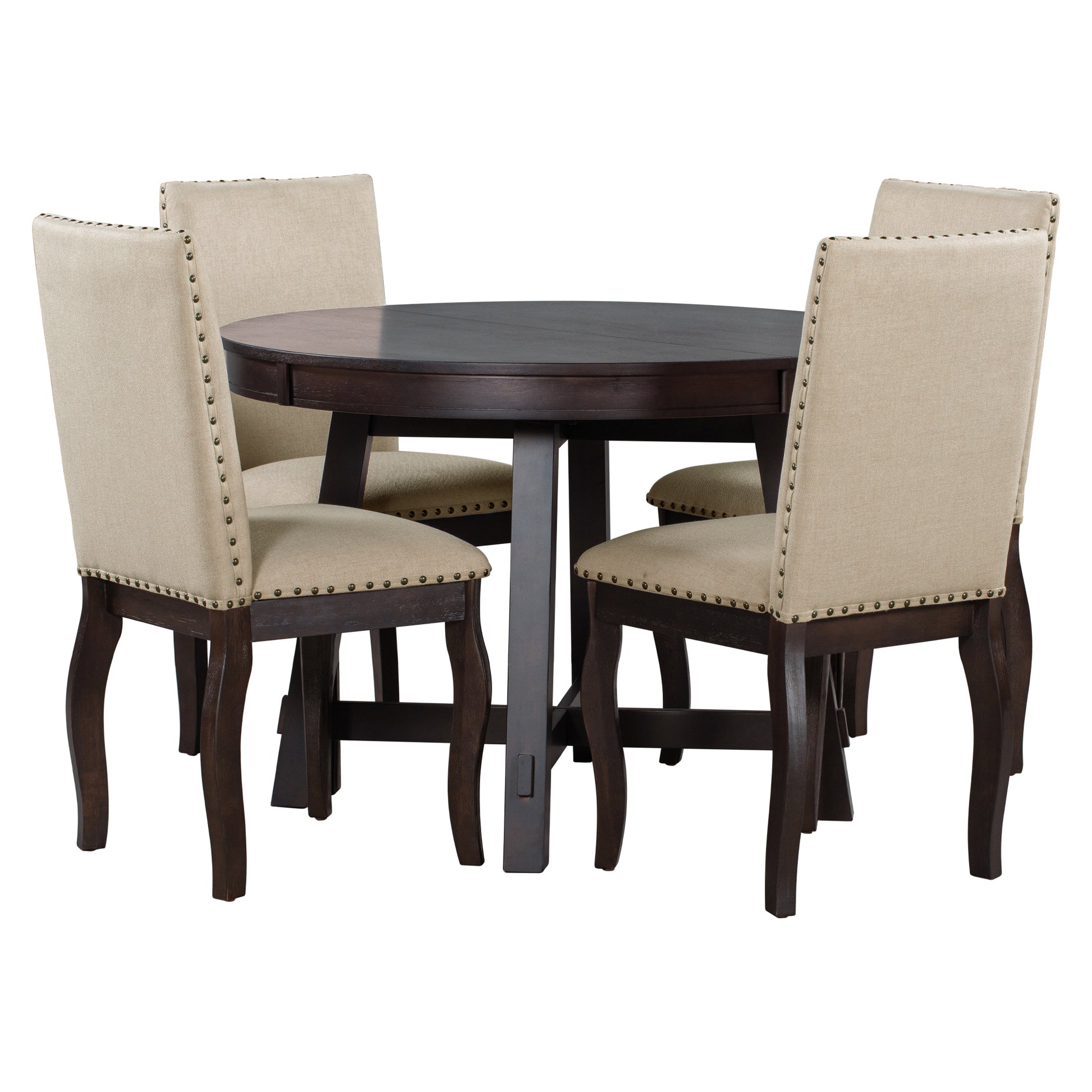 5 Piece Farmhouse Dining Table Set Wood Round Extendable Dining Table And 4 Upholstered Dining Chairs Espresso Espresso Solid Wood