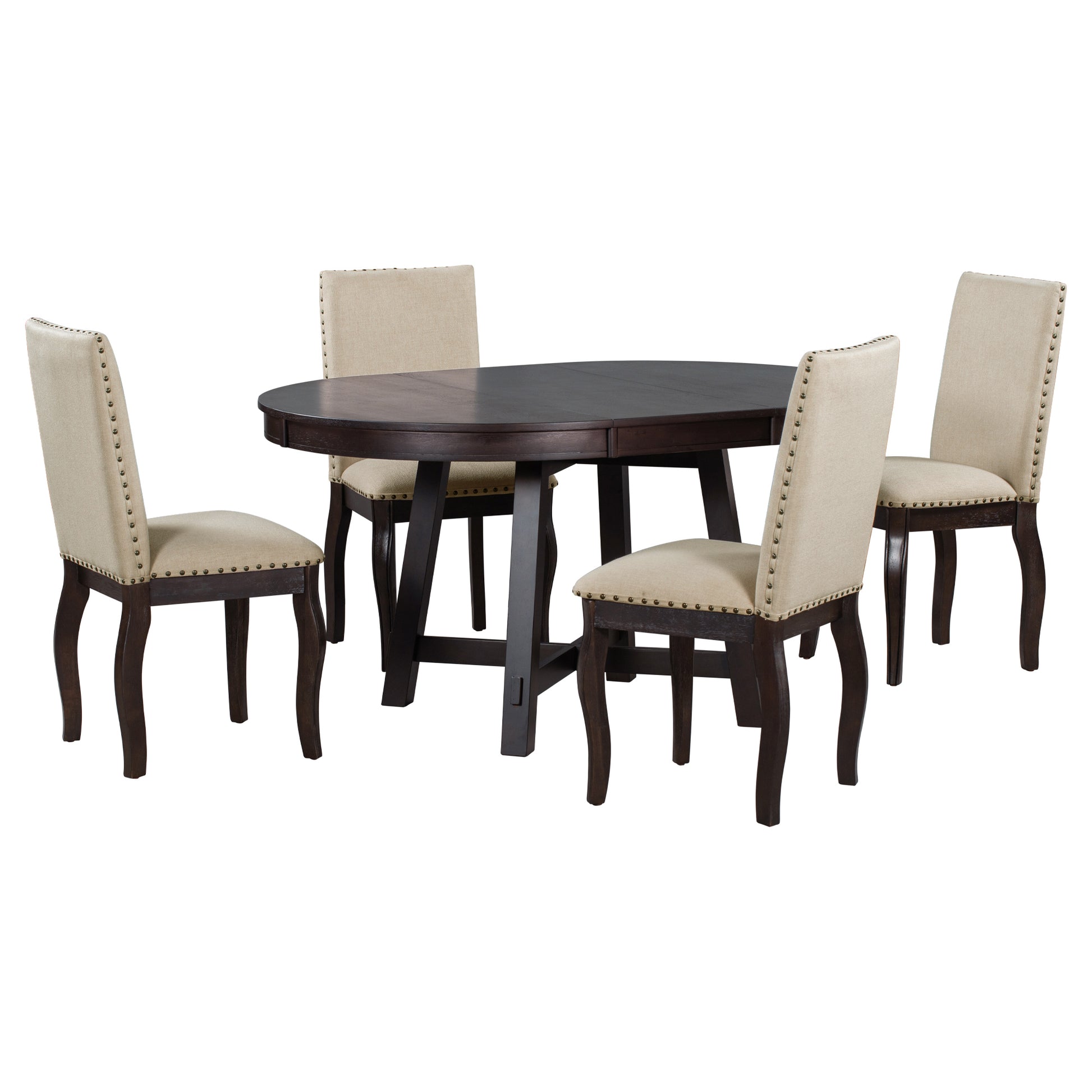 5 Piece Farmhouse Dining Table Set Wood Round Extendable Dining Table And 4 Upholstered Dining Chairs Espresso Espresso Solid Wood