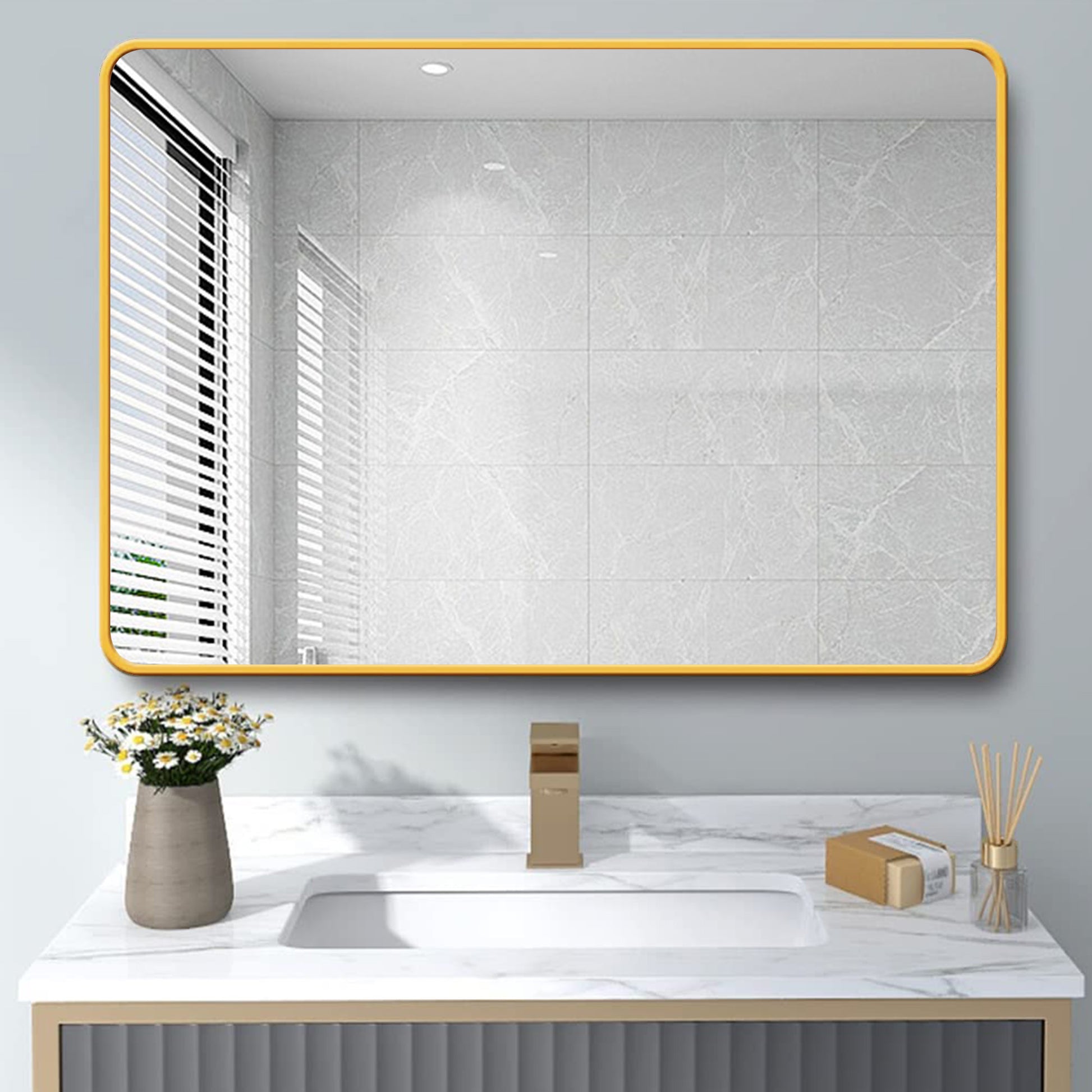 32 X 24 Inch Gold Bathroom Mirror For Wall Vanity Mirror With Non Rusting Aluminum Alloy Metal Frame Rounded Corner For Modern Farmhouse Home Decor Gold Modern Aluminium