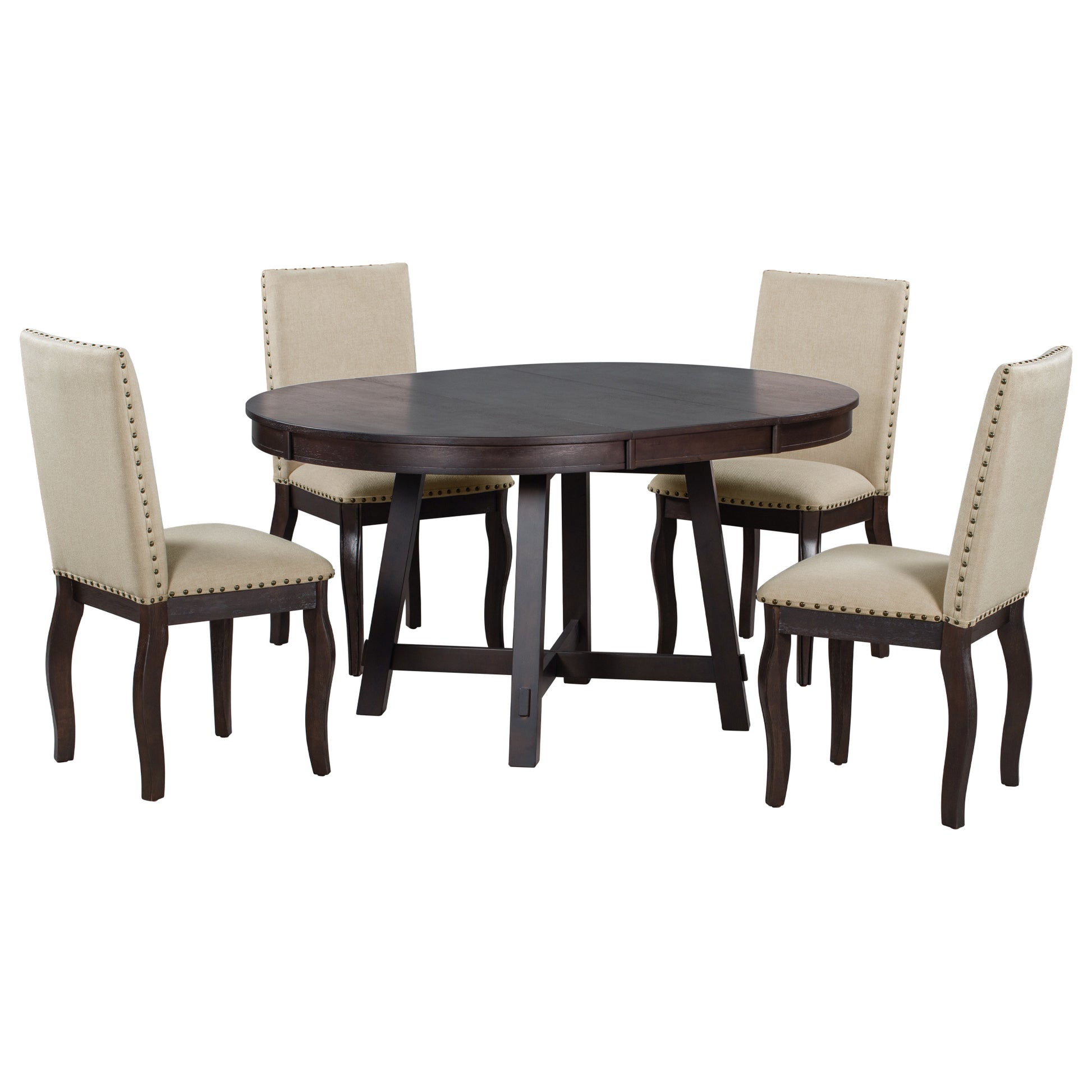 5 Piece Farmhouse Dining Table Set Wood Round Extendable Dining Table And 4 Upholstered Dining Chairs Espresso Espresso Solid Wood