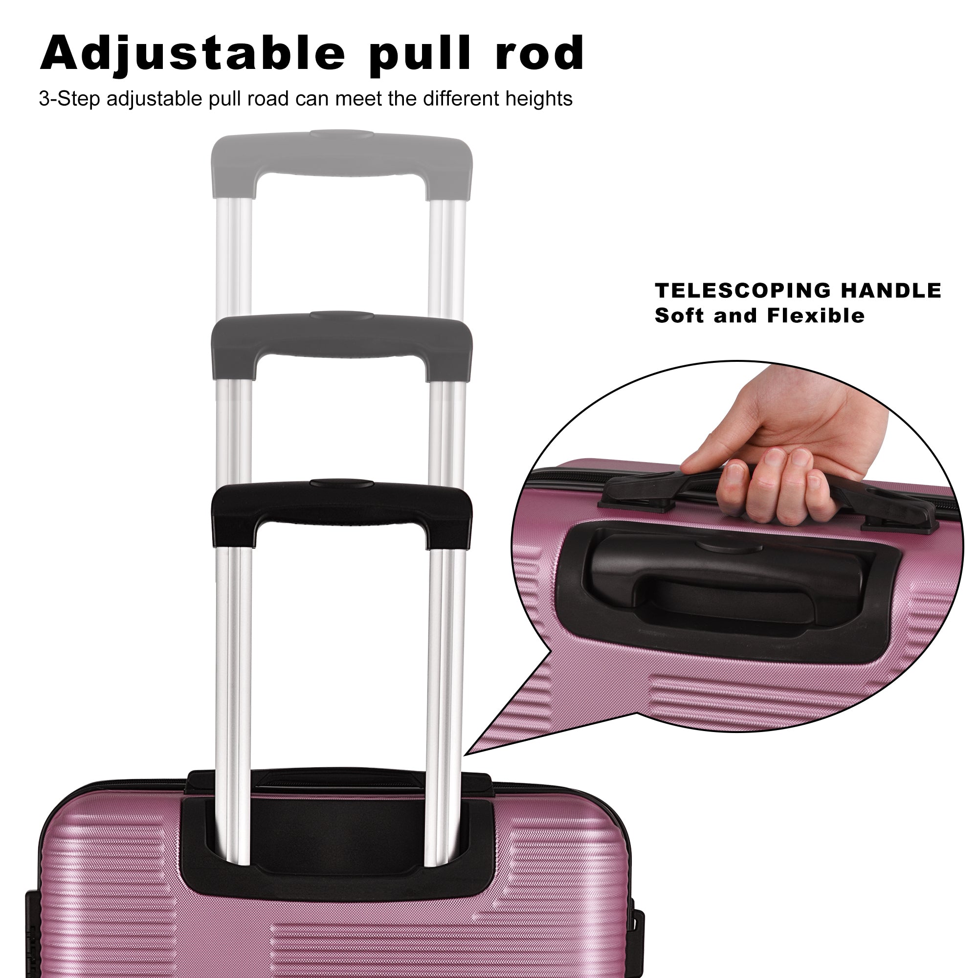 3 Piece Luggage with TSA Lock ABS, Durable Luggage pink-abs