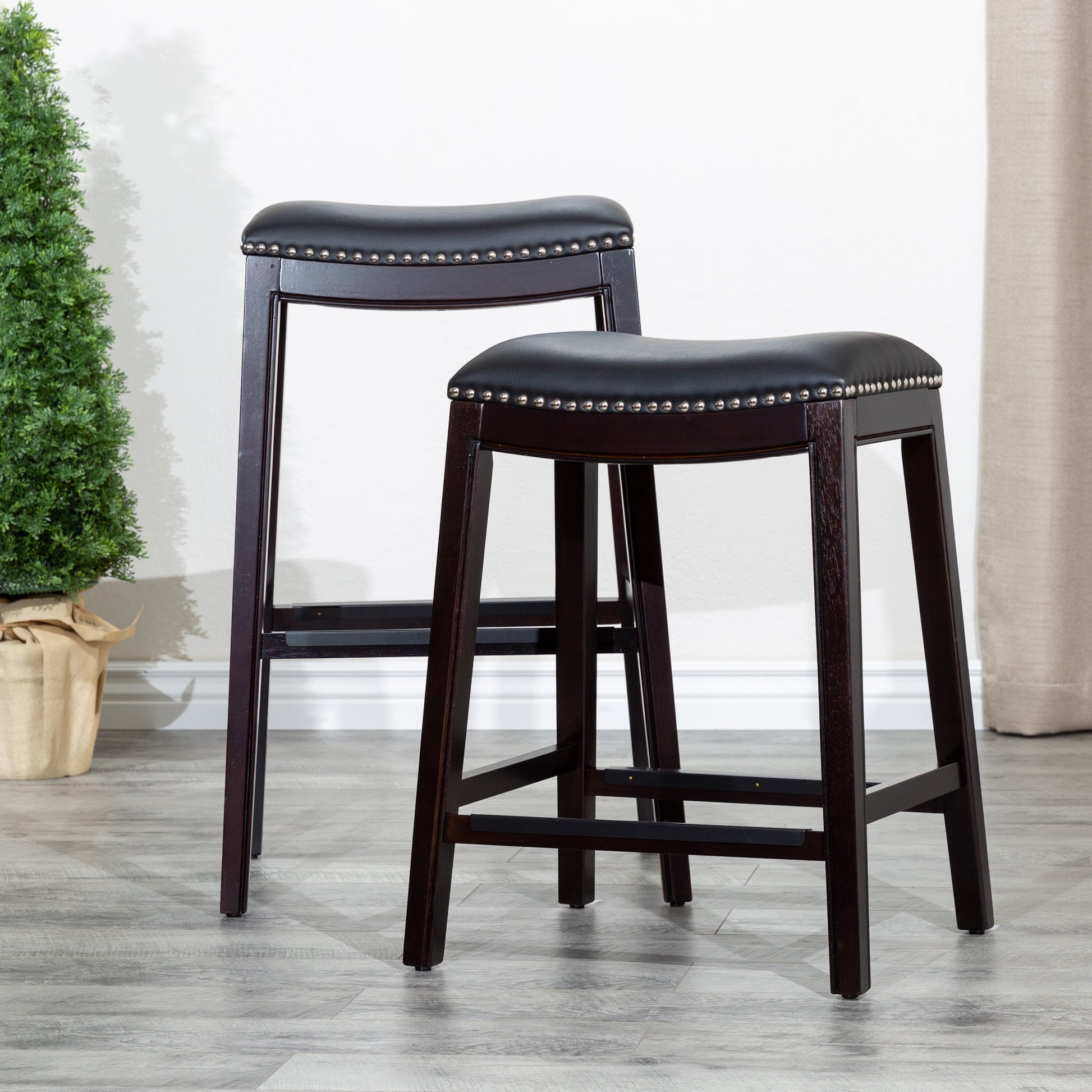 24" Counter Stool, Espresso Finish, Black Leather Seat Espresso Bonded Leather