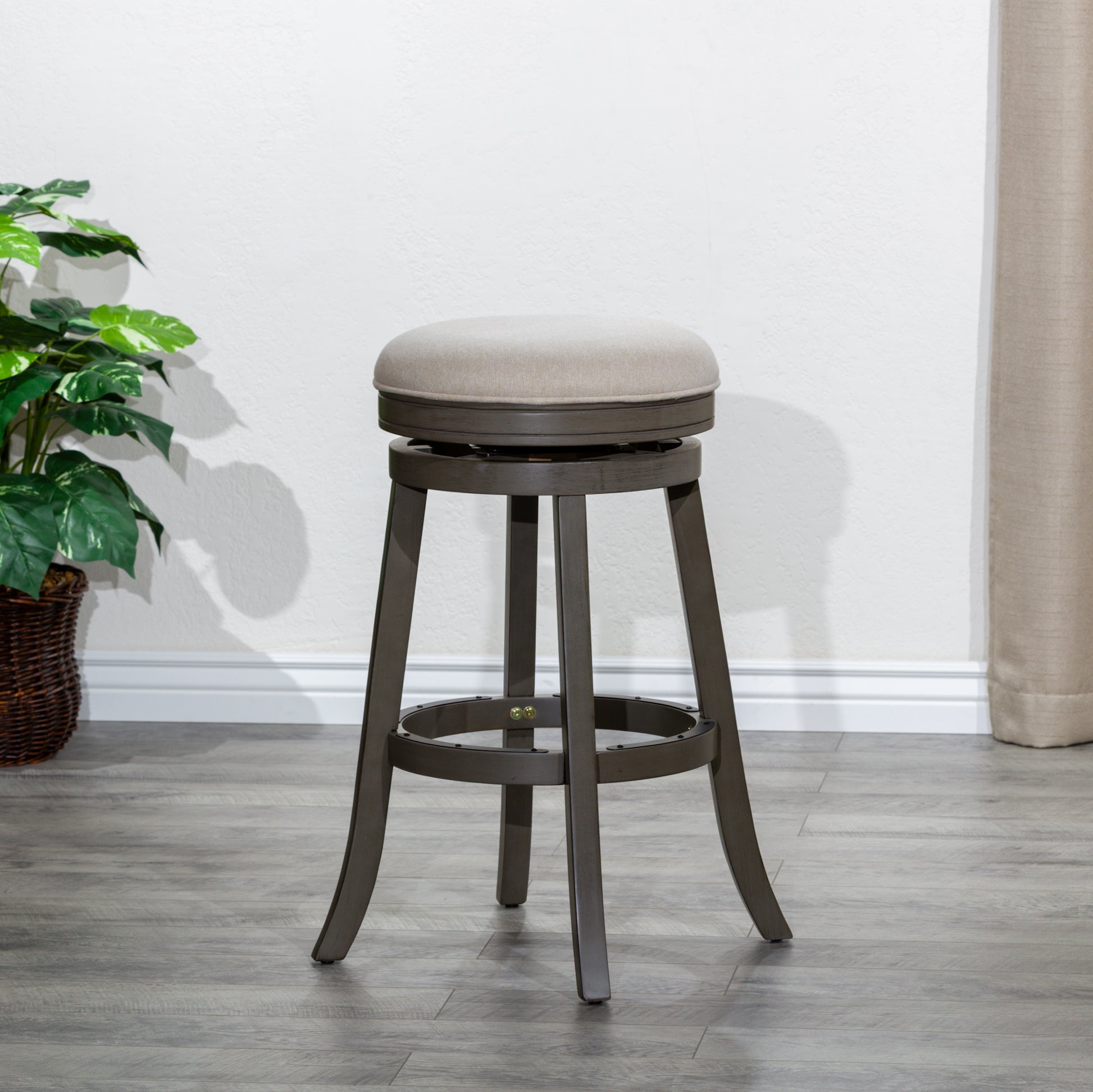 30" Bar Stool, Weathered Gray Finish, Beige Fabric Seat Gray Fabric