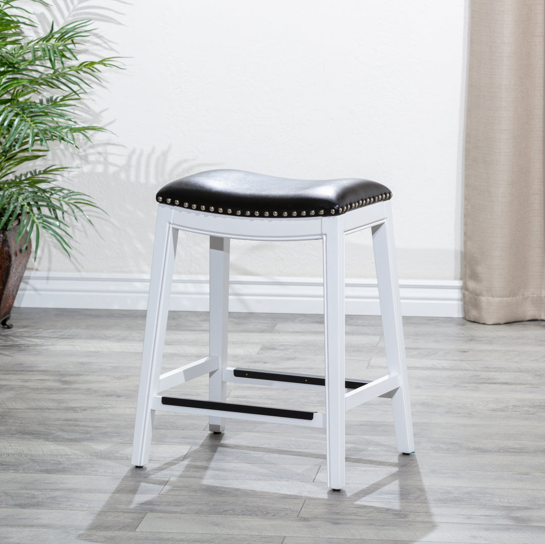 24" Counter Stool, White Finish, Black Leather Seat White Bonded Leather