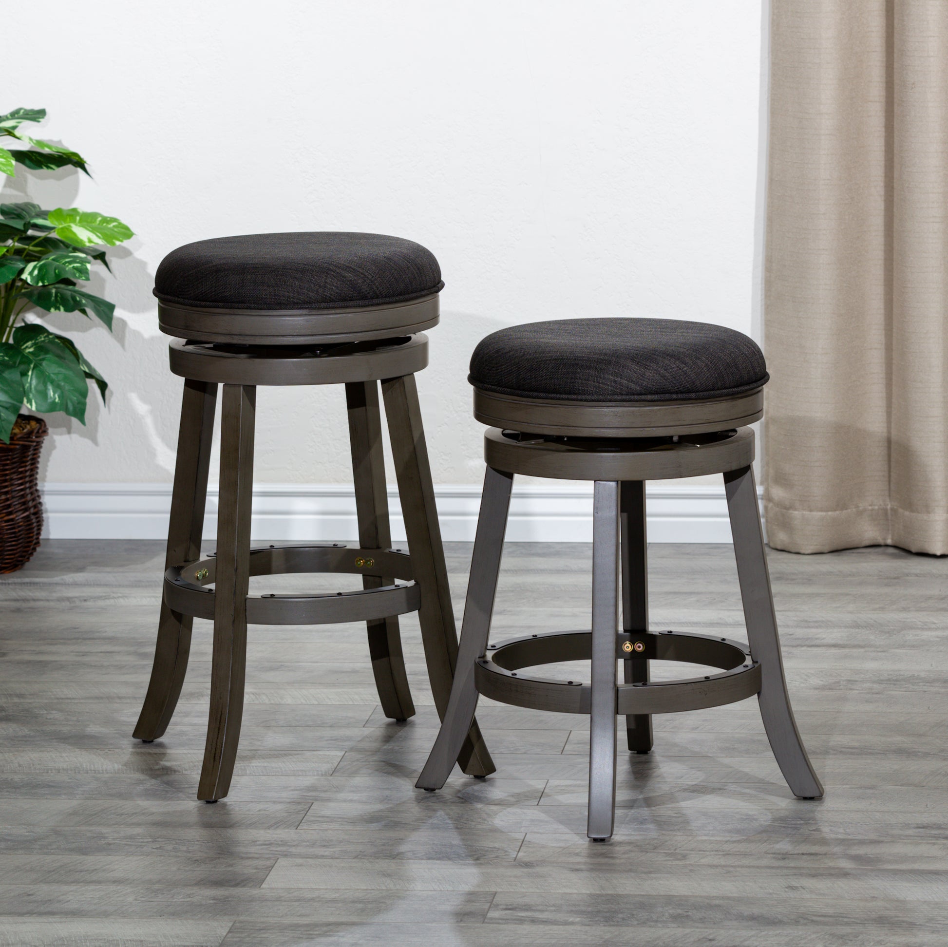 24" Counter Stool, Weathered Gray Finish, Charcoal Fabric Seat Gray Fabric