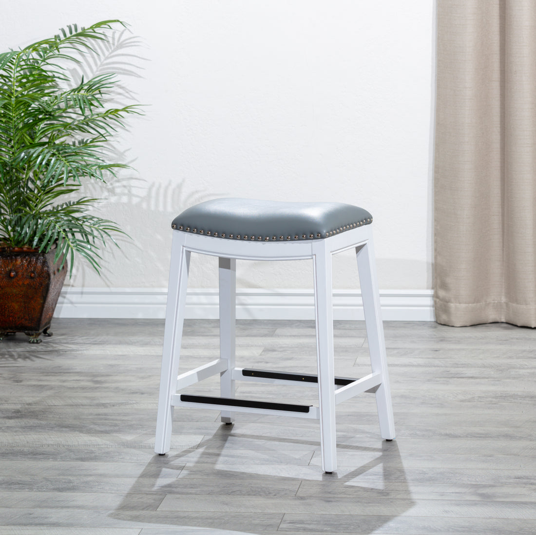 24" Counter Stool, White Finish, Gray Leather Seat White Bonded Leather