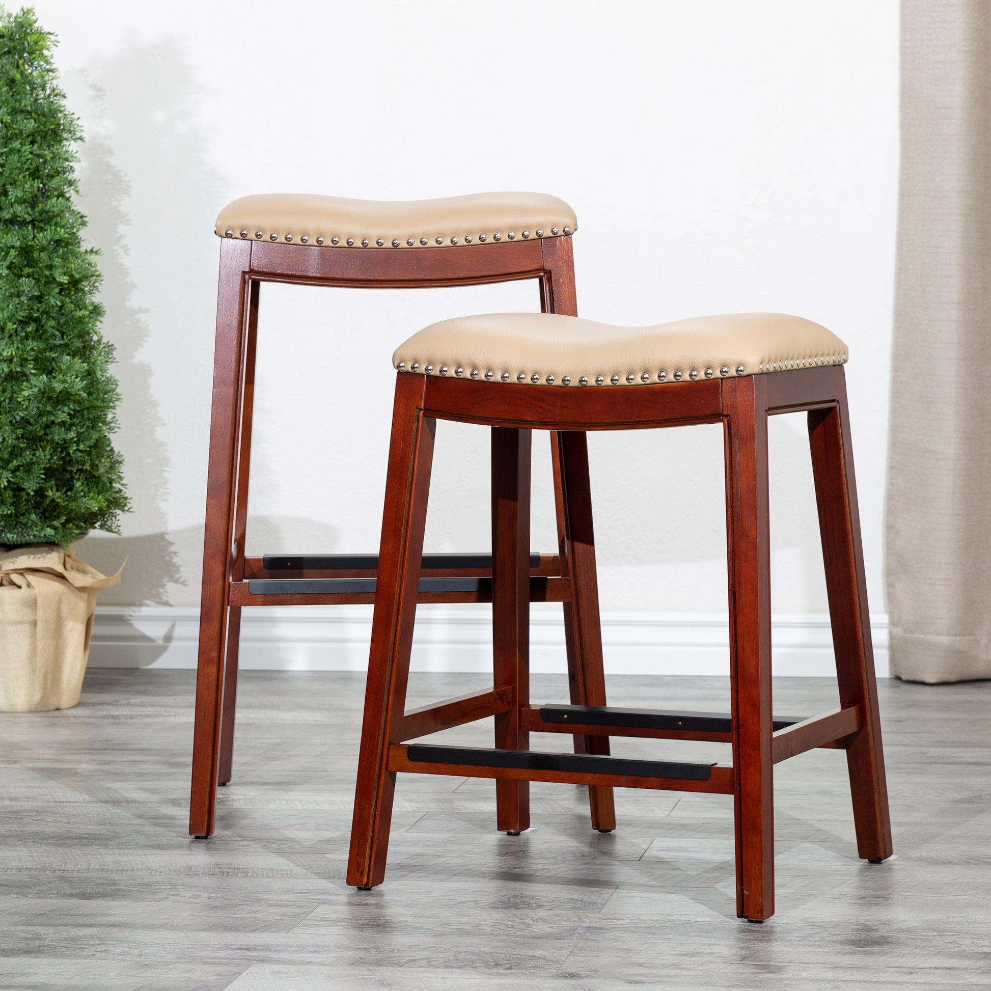 30" Bar Stool, Cherry Finish, Bone Leather Seat Cherry Bonded Leather