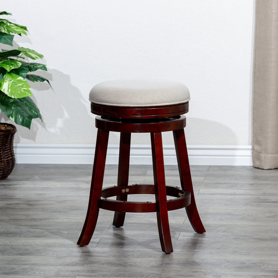 24" Counter Stool, Cherry Finish, Beige Fabric Seat Cherry Fabric