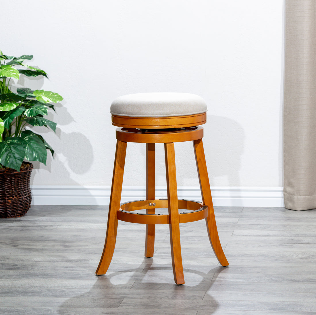 30" Bar Stool, Natural Finish, Beige Fabric Seat Natural Fabric