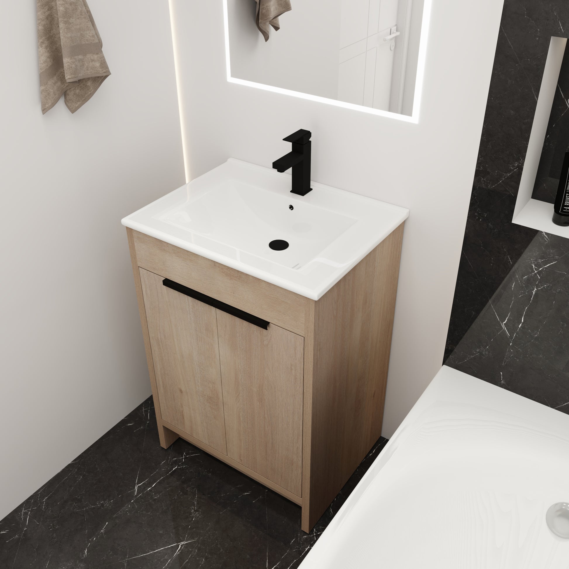 Freestanding Bathroom Vanity with White Ceramic Sink & plain light