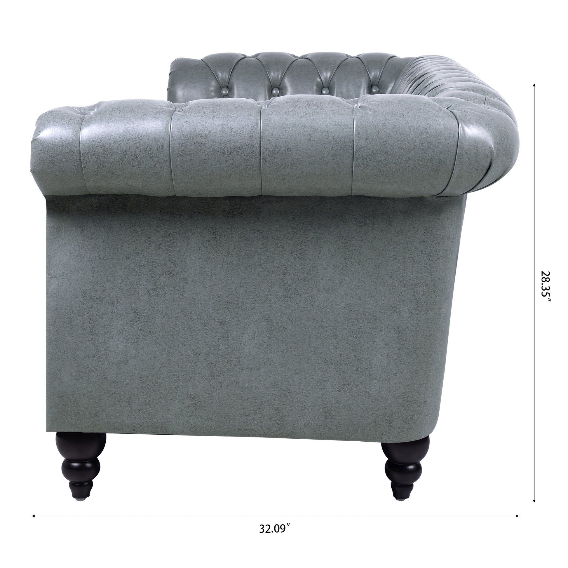 84.65" Rolled Arm Chesterfield 3 Seater Sofa. Grey Foam Pu