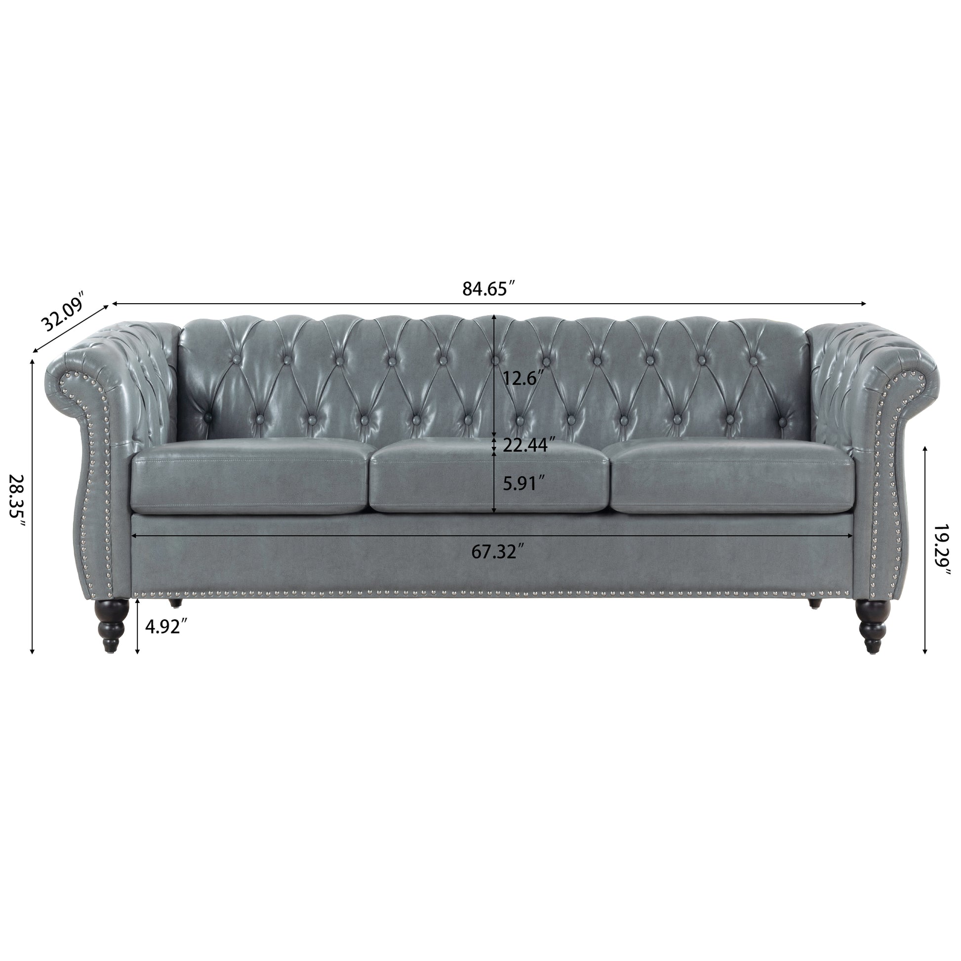 84.65" Rolled Arm Chesterfield 3 Seater Sofa. Grey Foam Pu