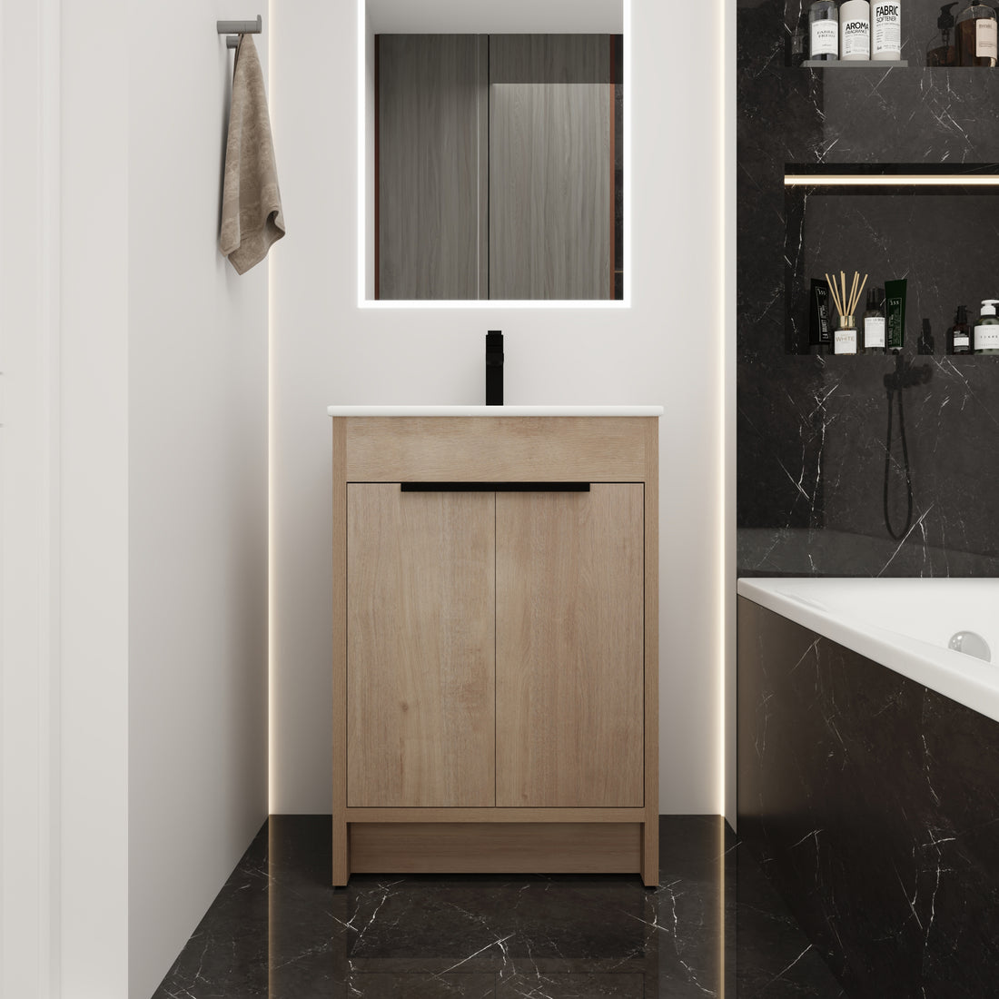 Freestanding Bathroom Vanity With White Ceramic Sink & 2 Soft Close Cabinet Doors Kd Packing ,Bvb02424Plo G Bl9060B ,W1286S00015 Plain Light Oak 2 Bathroom Freestanding Modern Plywood