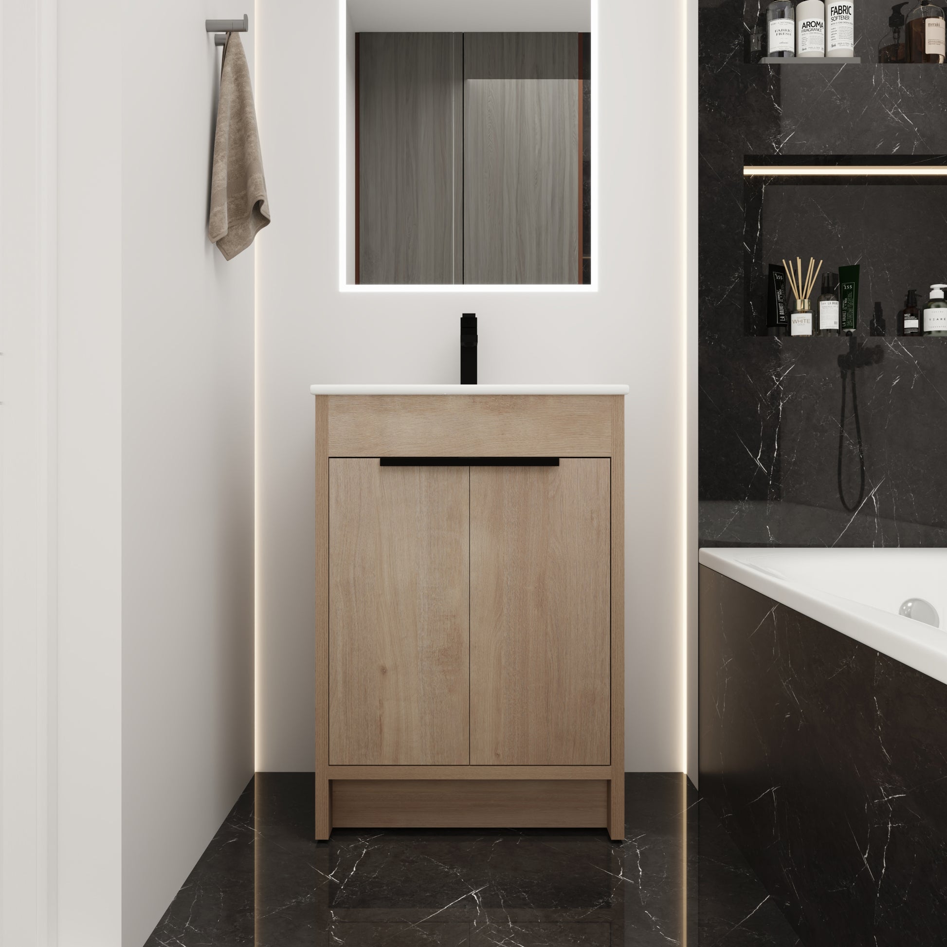 Freestanding Bathroom Vanity with White Ceramic Sink & plain light