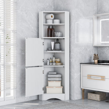 Tall Bathroom Corner Cabinet, Freestanding Storage Cabinet With Doors And Adjustable Shelves, Mdf Board, White White Mdf