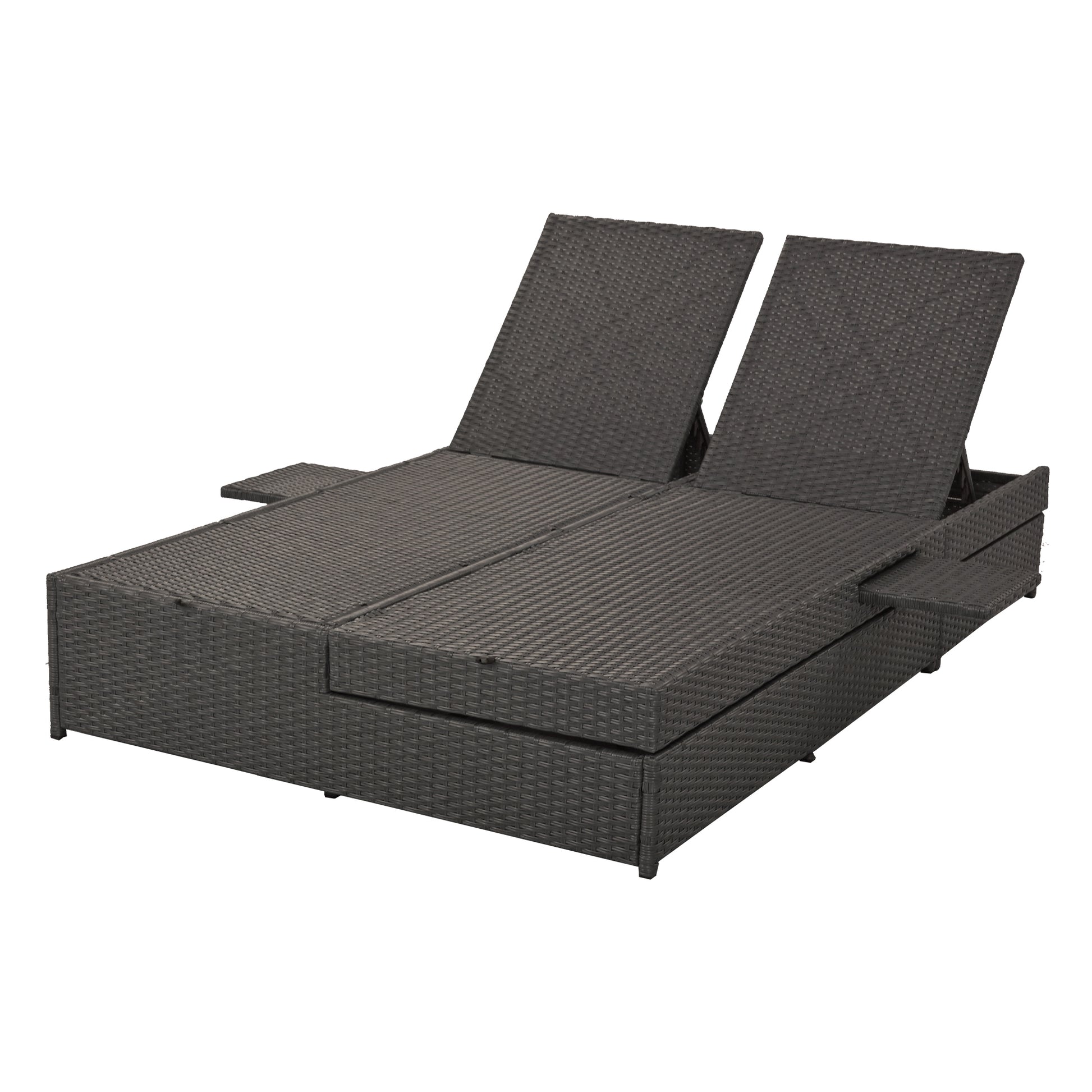 Outdoor Double Sunbed, Wicker Rattan Patio Reclining Chairs With Adjustable Backrest And Seat, Conversational Set For 2 Person, Gray Yes Complete Patio Set Gray Water Resistant Frame Water Resistant Cushion Garden & Outdoor Casual Sofa Seating Groups