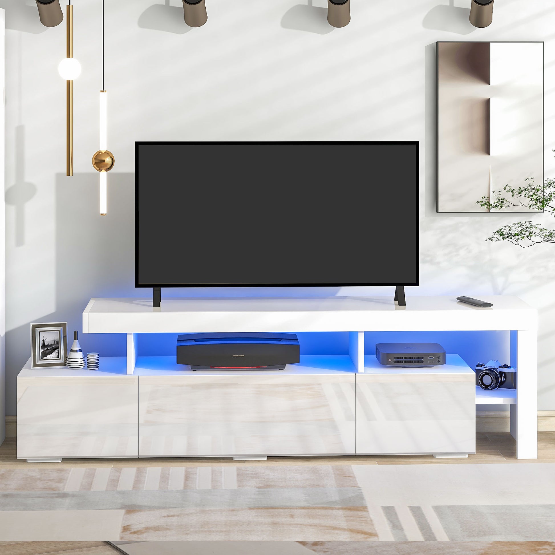 Modern Style 16 Colored Led Lights Tv Cabinet, Uv High Gloss Surface Entertainment Center With Dvd Shelf,Up To 70 Inch Tv, White White Particle Board