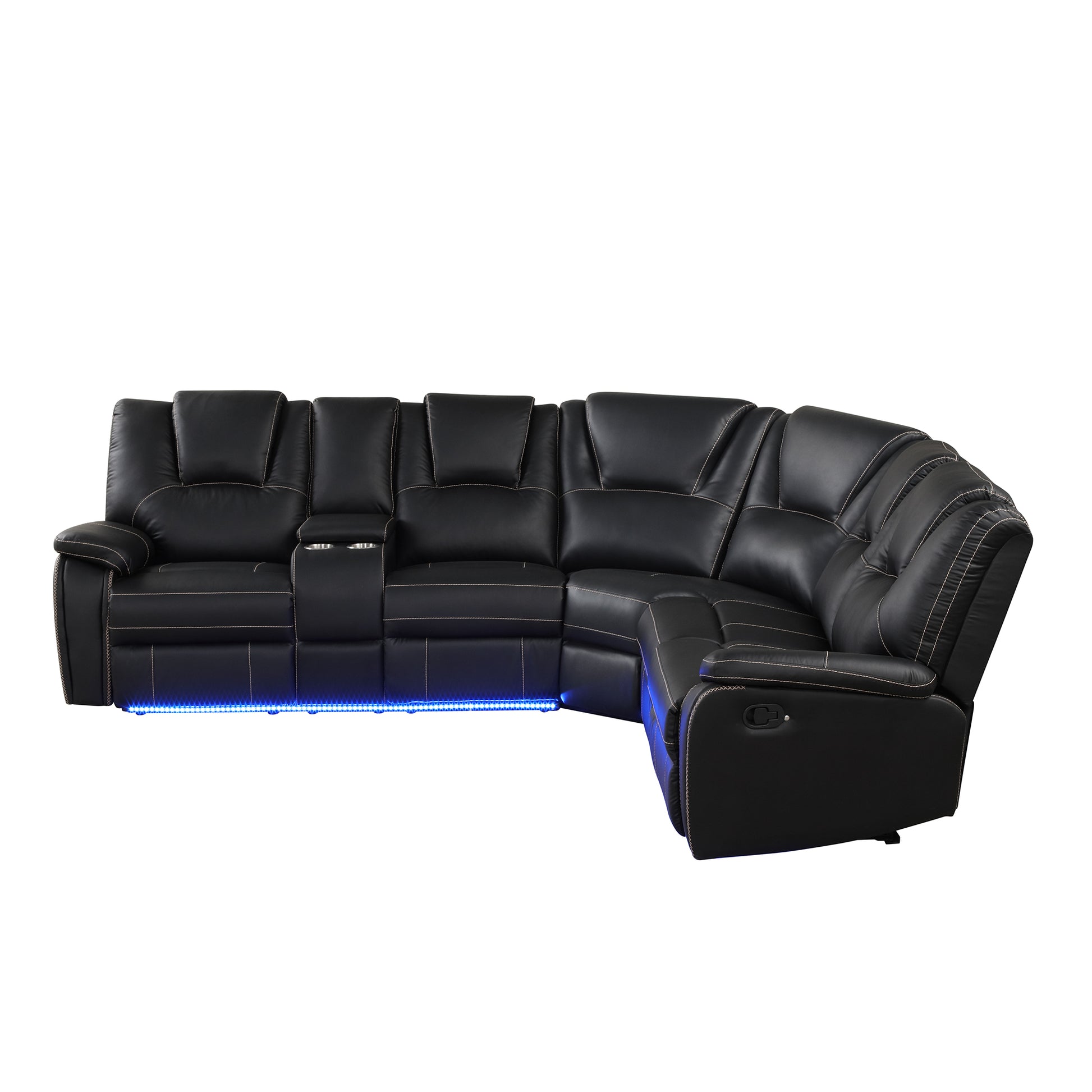 Modern Faux Leather Manual Reclining With Center Console With Led Light Strip,Living Room Furniture Set,Pu Symmetrical Couch With 2 Cup Holders And Storage For Living Room,Black Black Foam Pu Leather 6 Seat