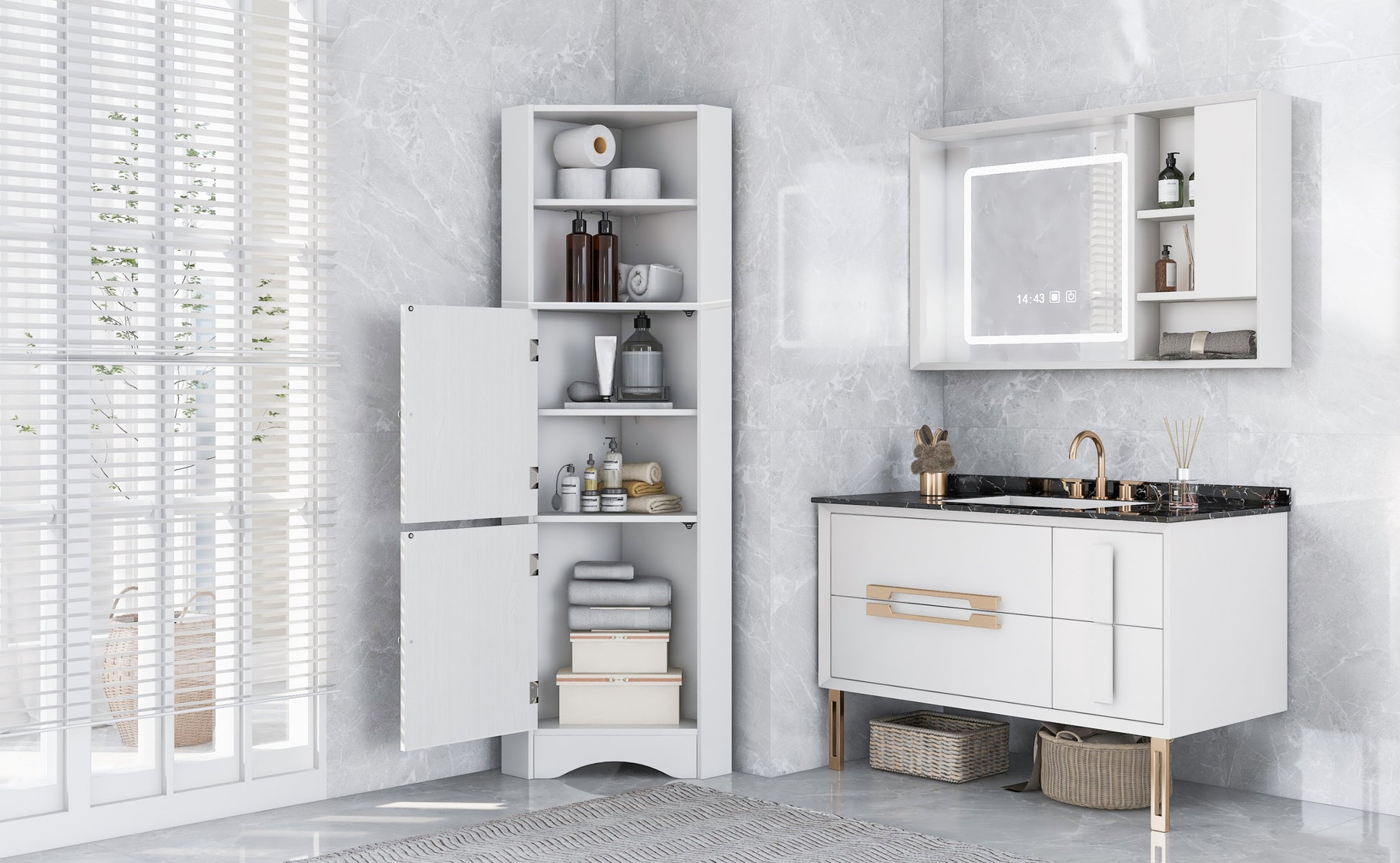 Tall Bathroom Corner Cabinet, Freestanding Storage Cabinet With Doors And Adjustable Shelves, Mdf Board, White White Mdf